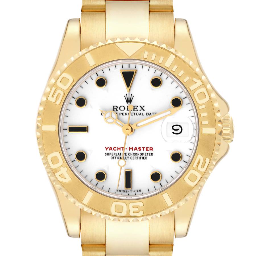 This image shows the front view of a Rolex Yacht-Master watch, highlighting its dial, bezel, case, and bracelet.