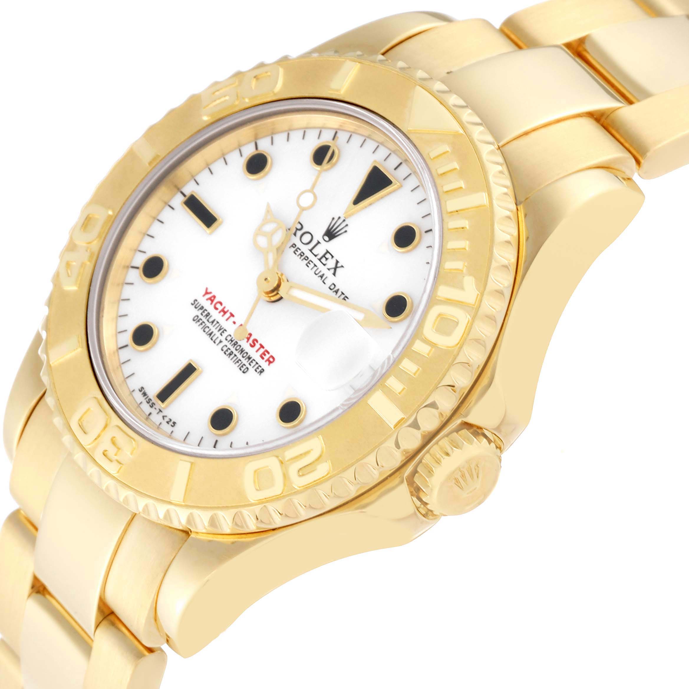 This image shows a close-up view of the Rolex Yacht-Master 68628 Men's Yellow Gold White Dial 68628 Men's Yellow Gold White Dial watch from an angled perspective, highlighting the dial, bezel, and part of the bracelet.