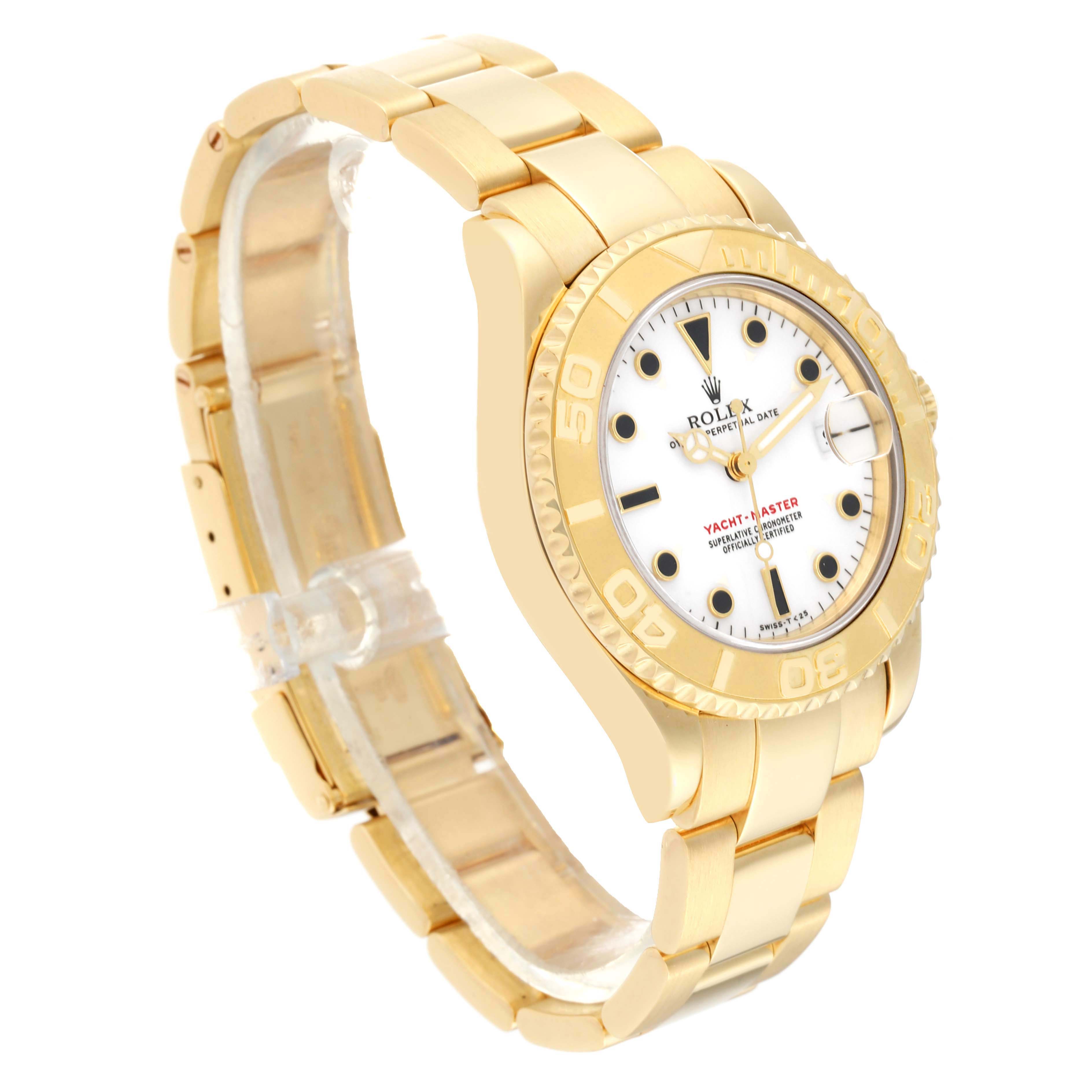 The Rolex Yacht-Master 68628 Men's Yellow Gold White Dial 68628 Men's Yellow Gold White Dial watch is shown at a three-quarter angle, highlighting the gold bracelet, bezel, and white dial.