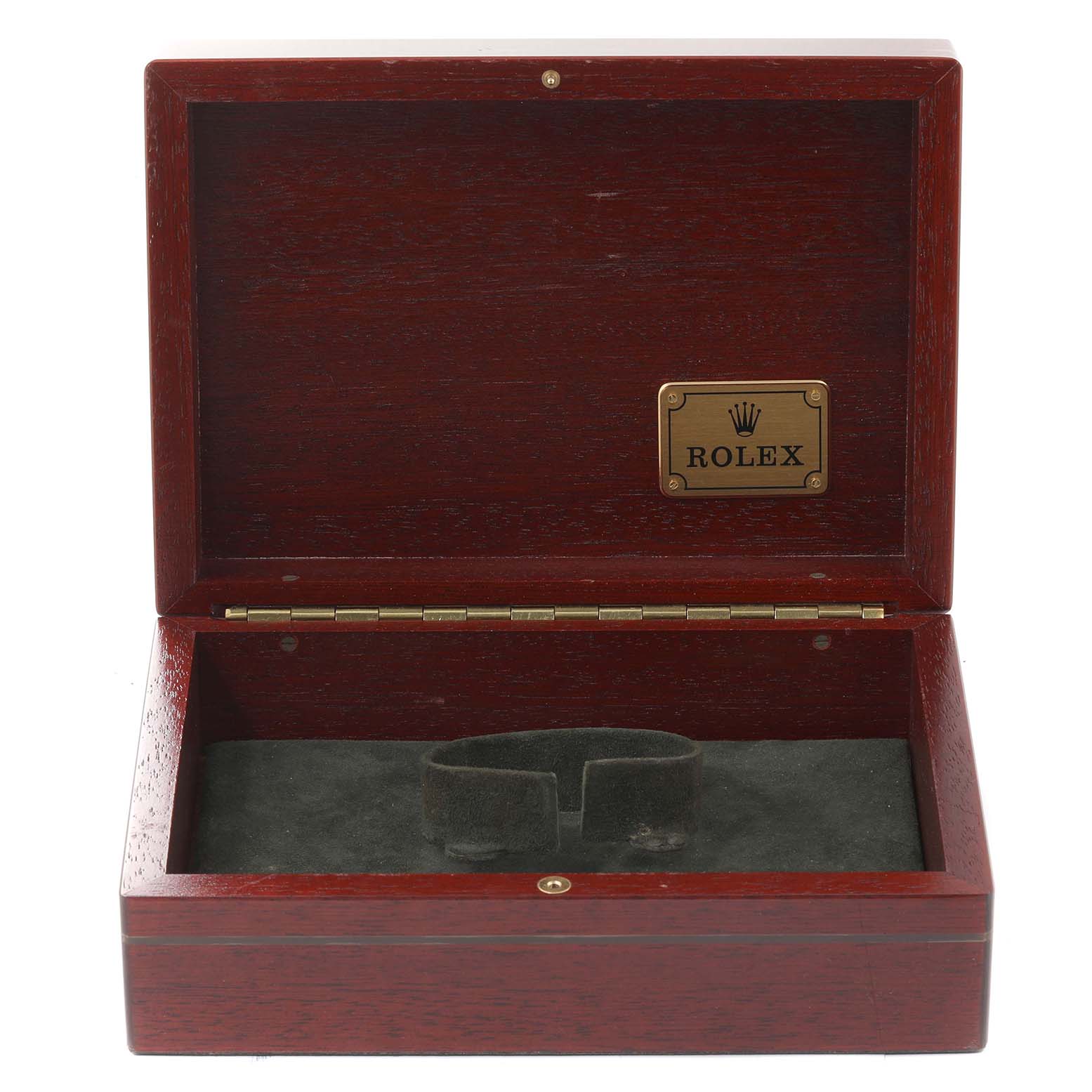 The image shows an open Rolex watch box for the Yacht-Master model, featuring the brand's logo inside the lid.