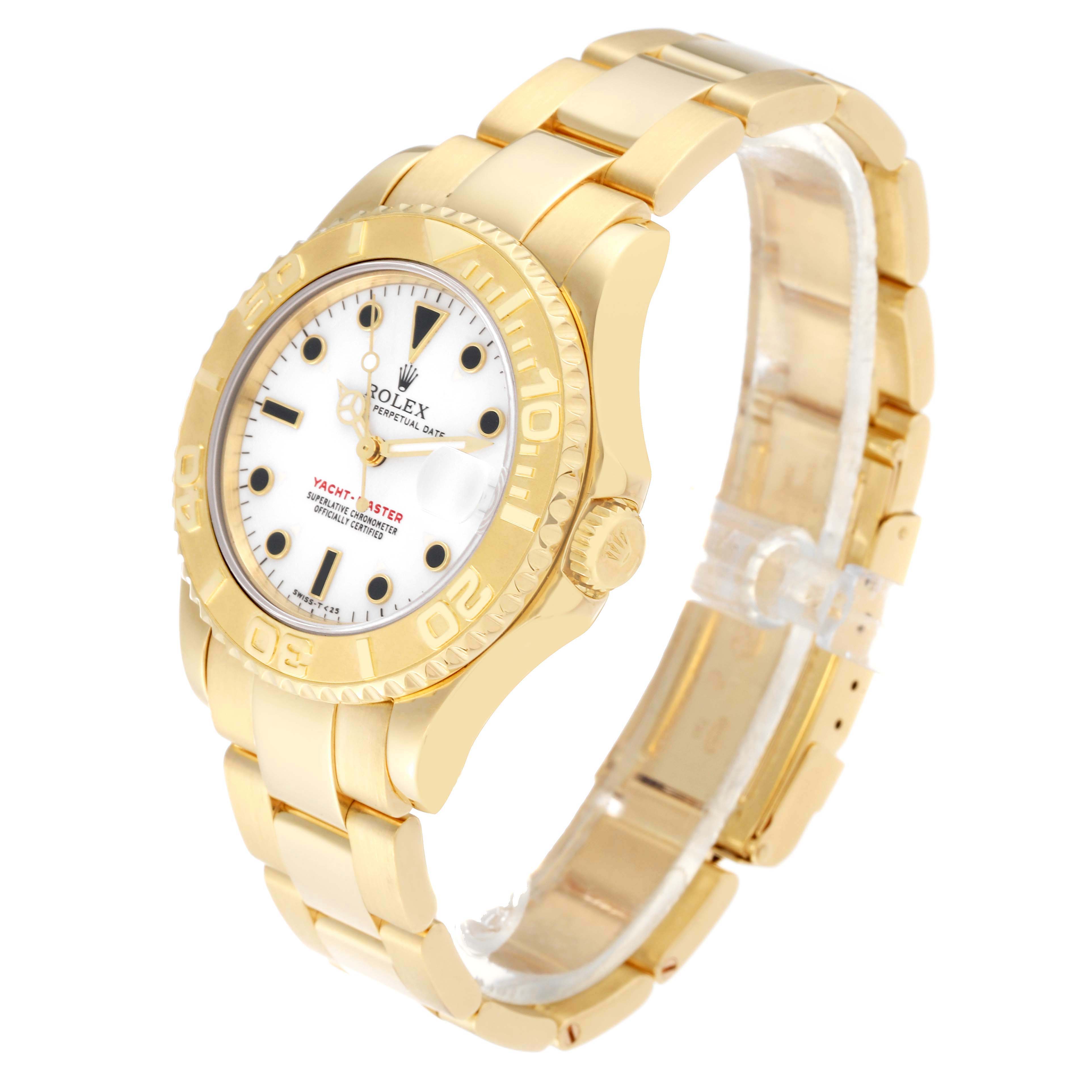 The image shows a Rolex Yacht-Master 68628 Men's Yellow Gold White Dial 68628 Men's Yellow Gold White Dial model watch angled to display the face, bezel, crown, and bracelet.