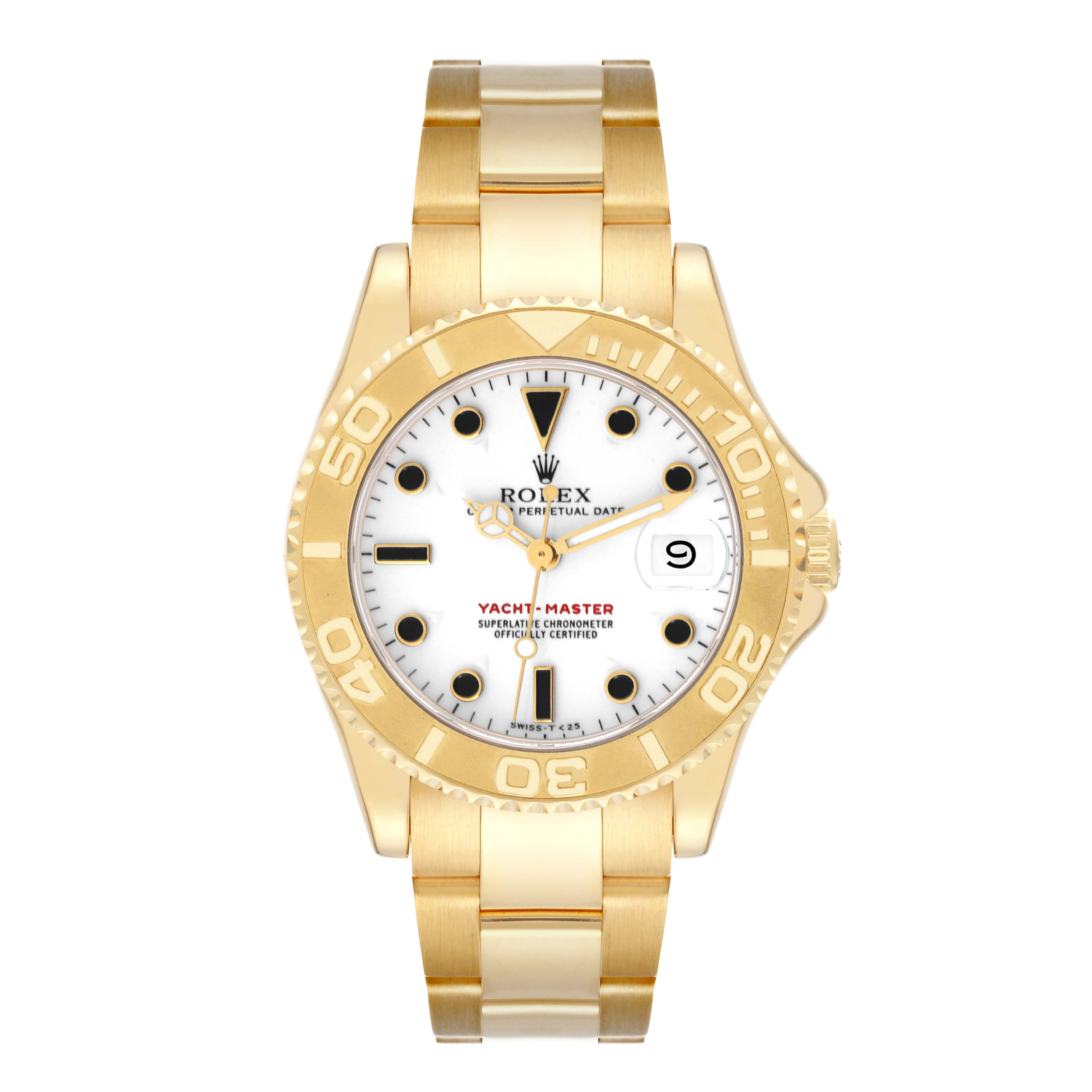 This is a front view of a Rolex Yacht-Master 68628 Men's Yellow Gold White Dial 68628 Men's Yellow Gold White Dial watch, showcasing the gold bracelet, bezel, and white dial with black markers.