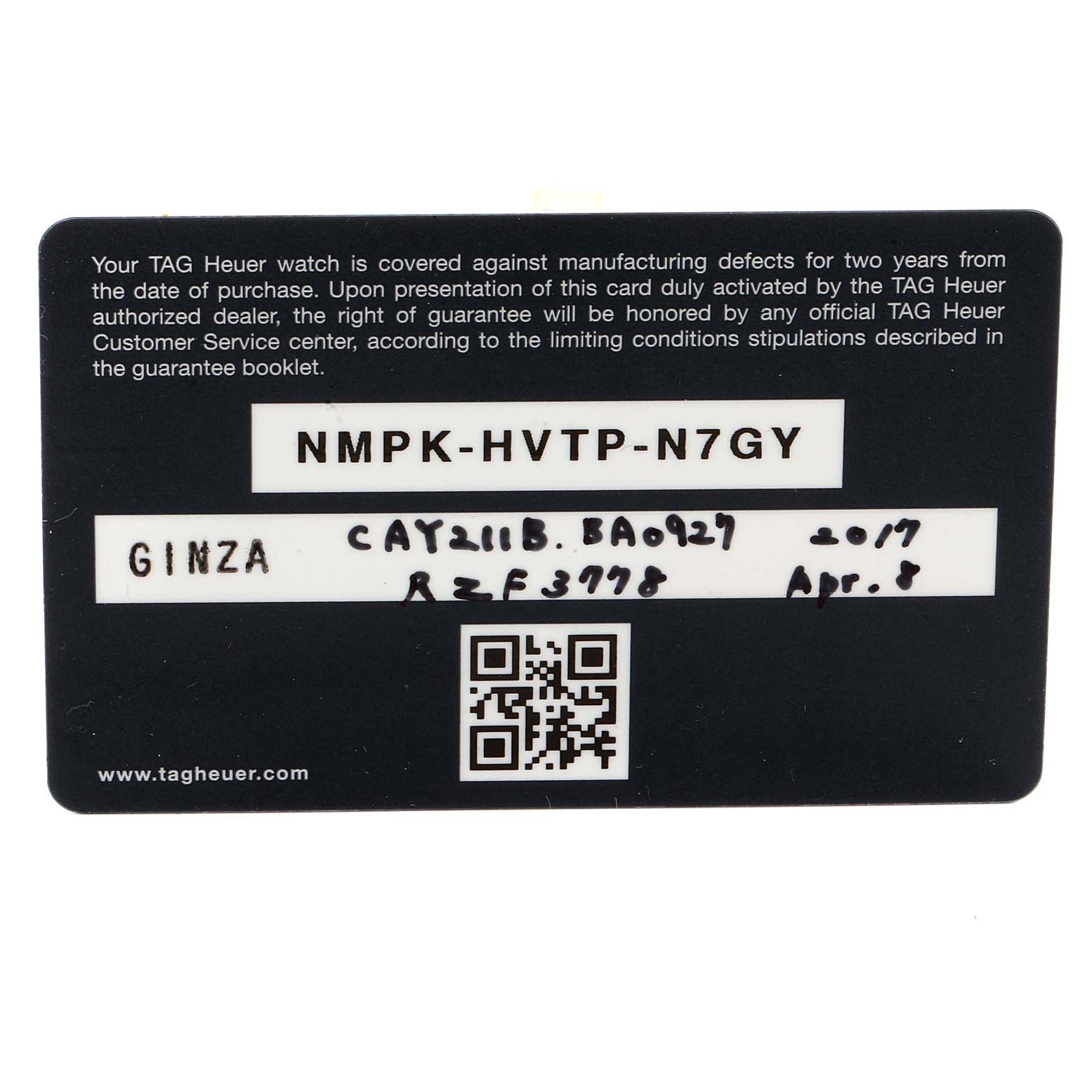 This image shows the warranty card for a Tag Heuer Aquaracer CAY211B.BA0927  Men's Stainless Steel Blue Dial CAY211B.BA0927  Men's Stainless Steel Blue Dial model.