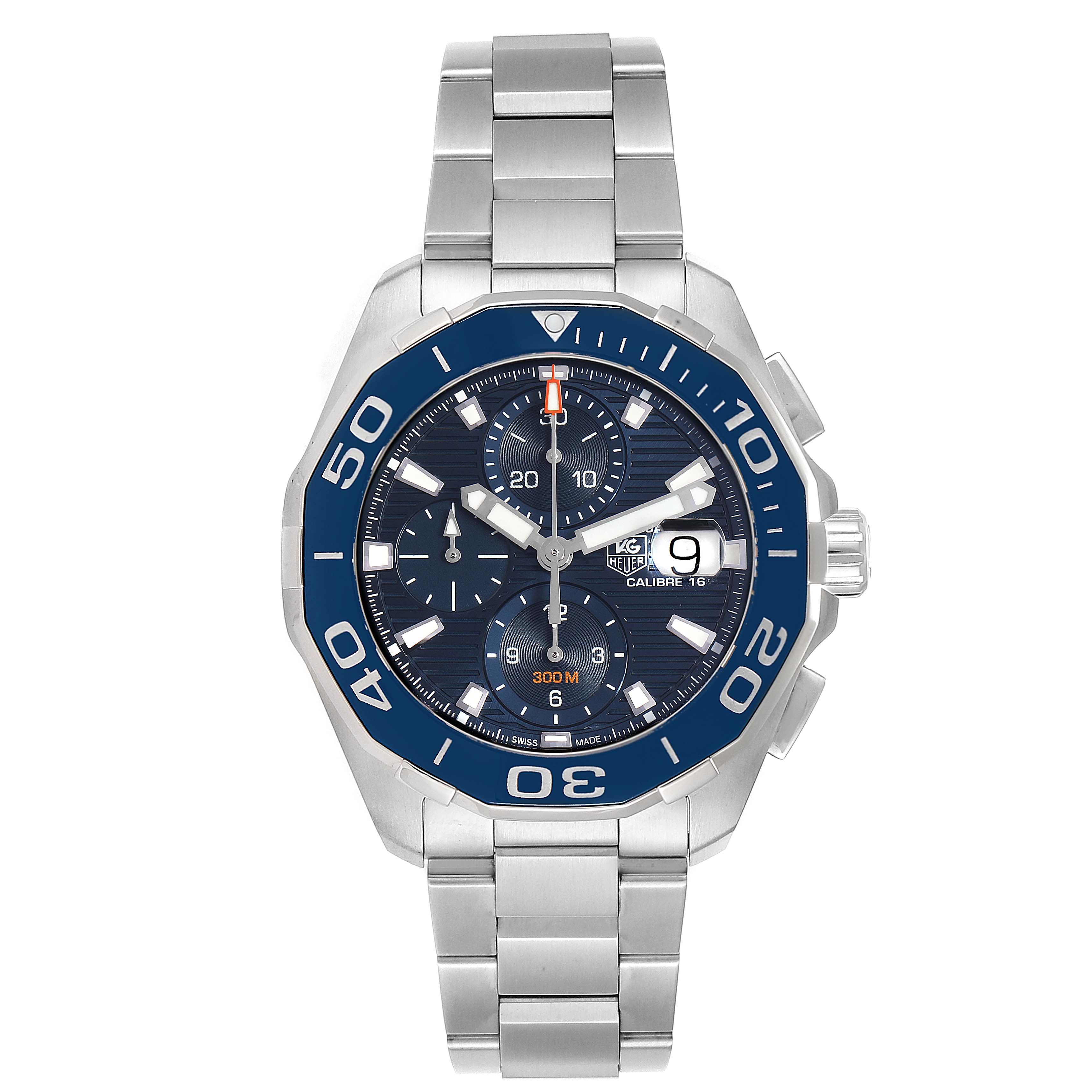 This is a front view of the Tag Heuer Aquaracer CAY211B.BA0927  Men's Stainless Steel Blue Dial CAY211B.BA0927  Men's Stainless Steel Blue Dial watch, showing the face, bezel, bracelet, and crown.