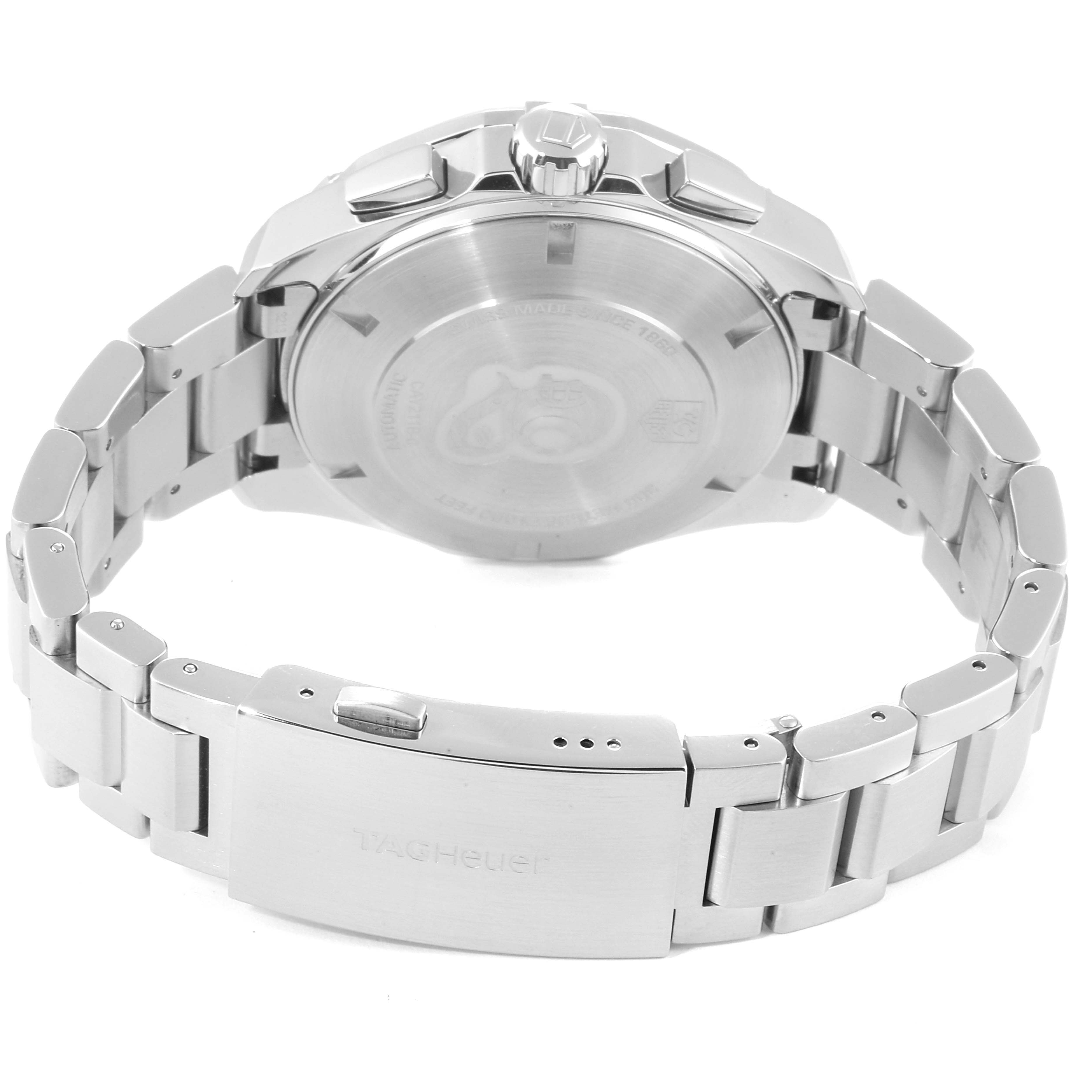 The image shows the back and clasp of a Tag Heuer Aquaracer CAY211B.BA0927  Men's Stainless Steel Blue Dial CAY211B.BA0927  Men's Stainless Steel Blue Dial watch from a rear angle.