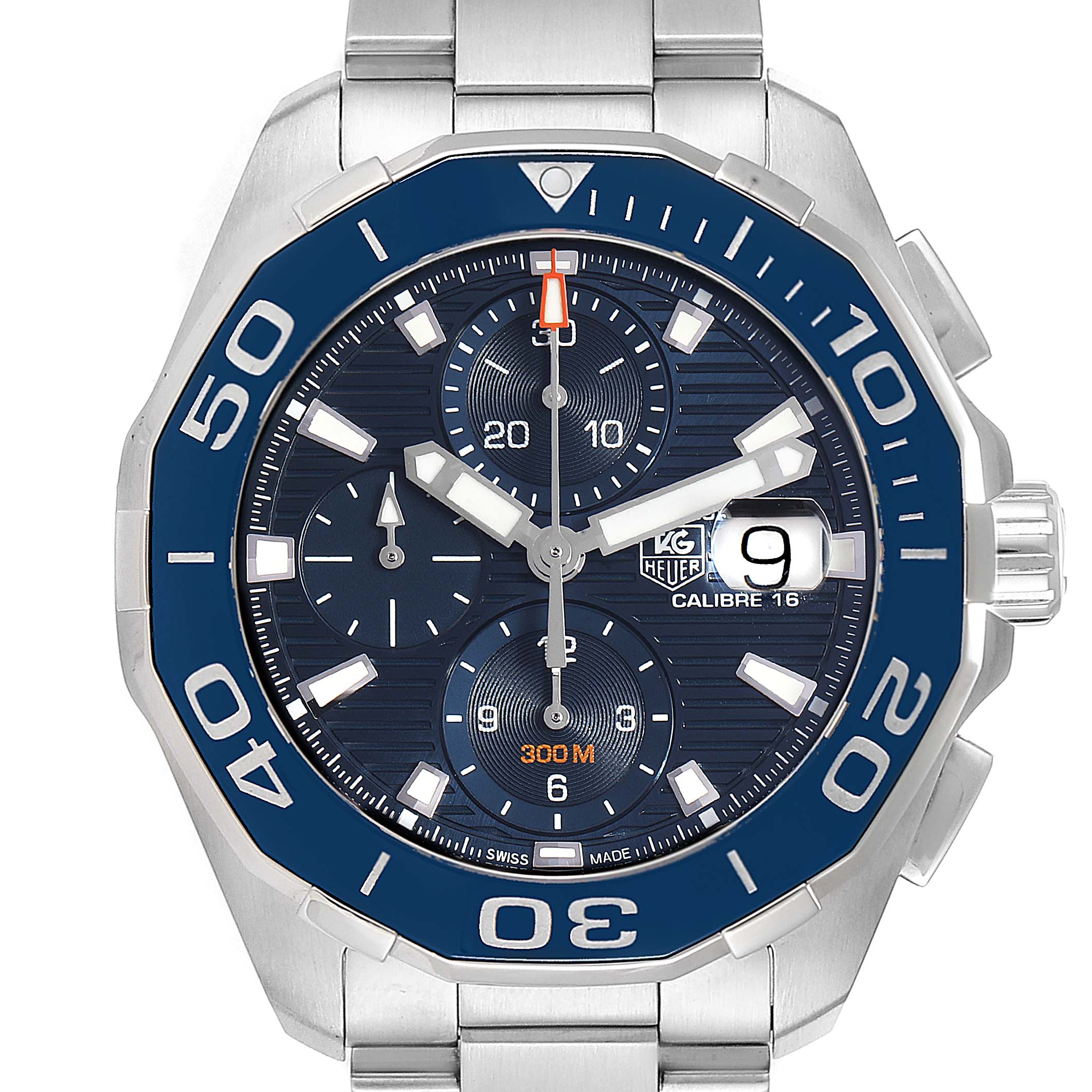The Tag Heuer Aquaracer CAY211B.BA0927  Men's Stainless Steel Blue Dial CAY211B.BA0927  Men's Stainless Steel Blue Dial watch is shown from a front angle, displaying the dial, bezel, and part of the bracelet.