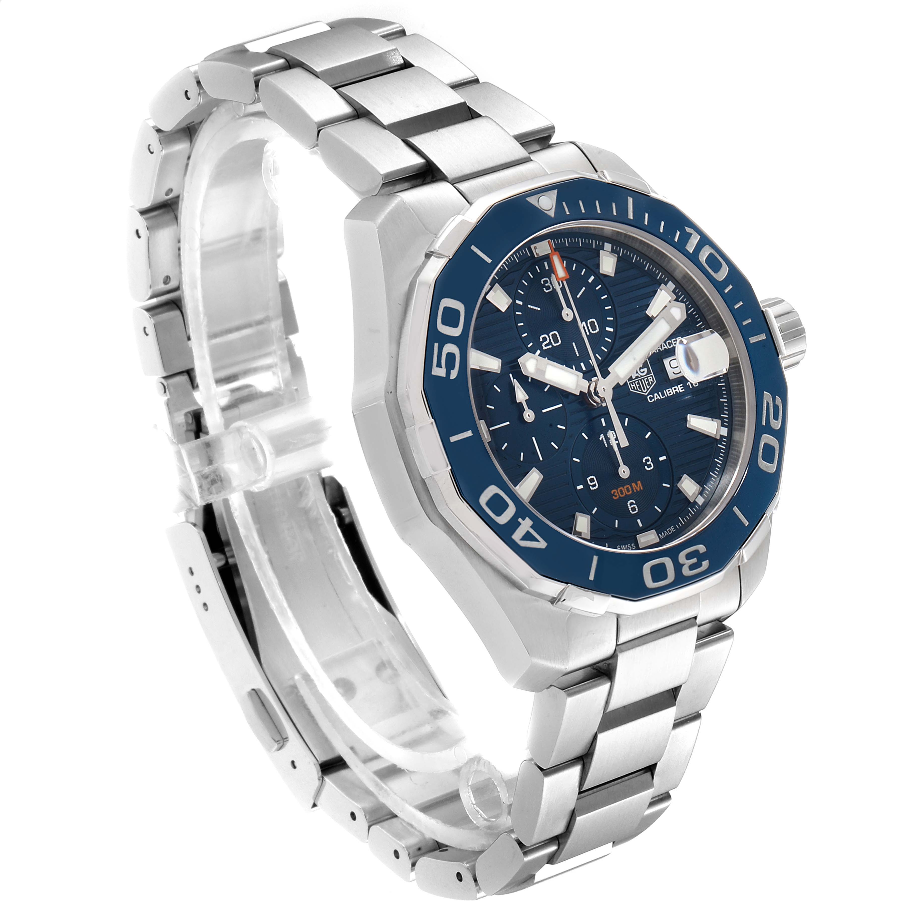The image shows a side angle of a Tag Heuer Aquaracer CAY211B.BA0927  Men's Stainless Steel Blue Dial CAY211B.BA0927  Men's Stainless Steel Blue Dial watch, highlighting its stainless steel band and blue face bezel.