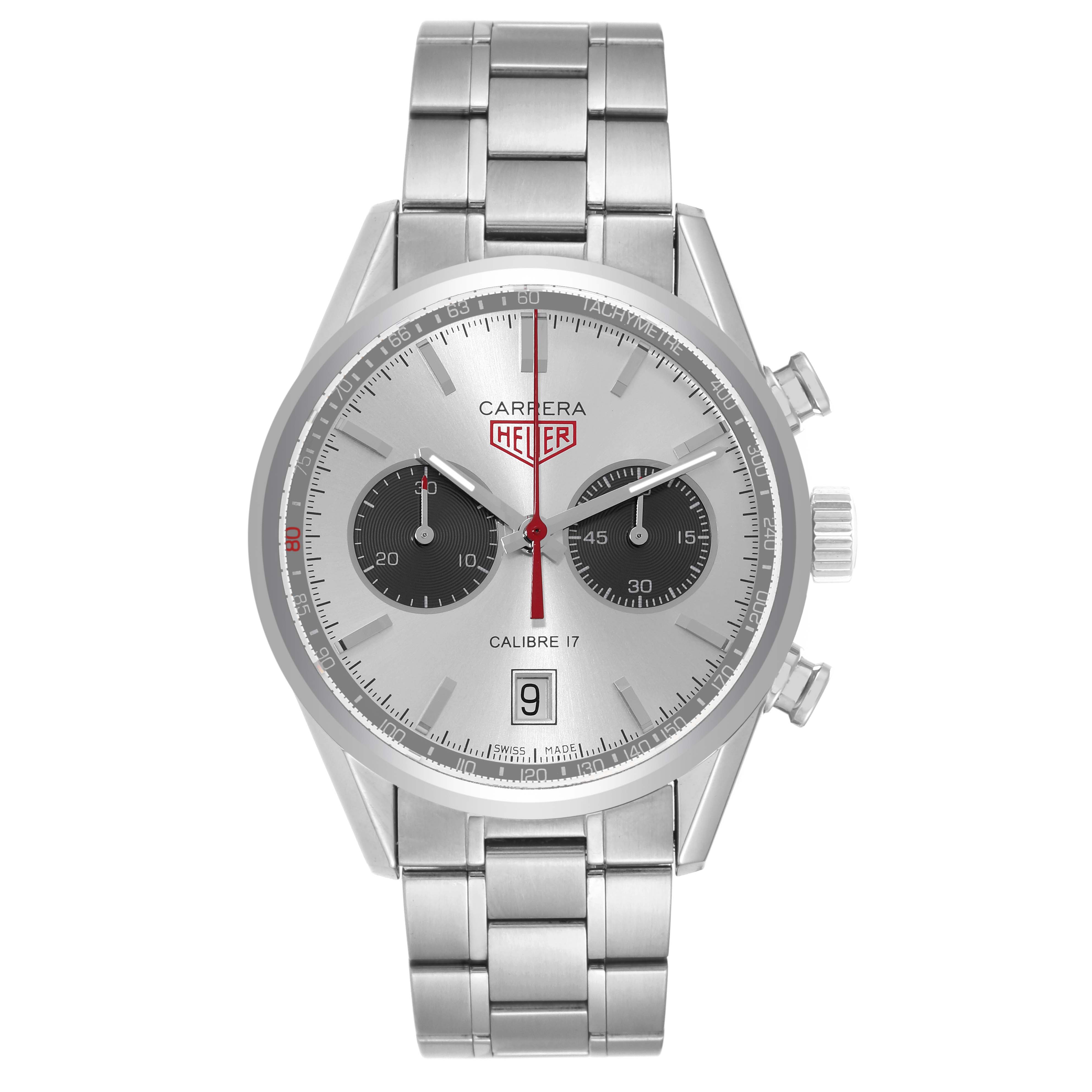 This image shows a front view of the Tag Heuer Carrera CV2119.BA0722 Men's Stainless Steel Grey Dial CV2119.BA0722 Men's Stainless Steel Grey Dial Calibre 17 Limited Edition watch.