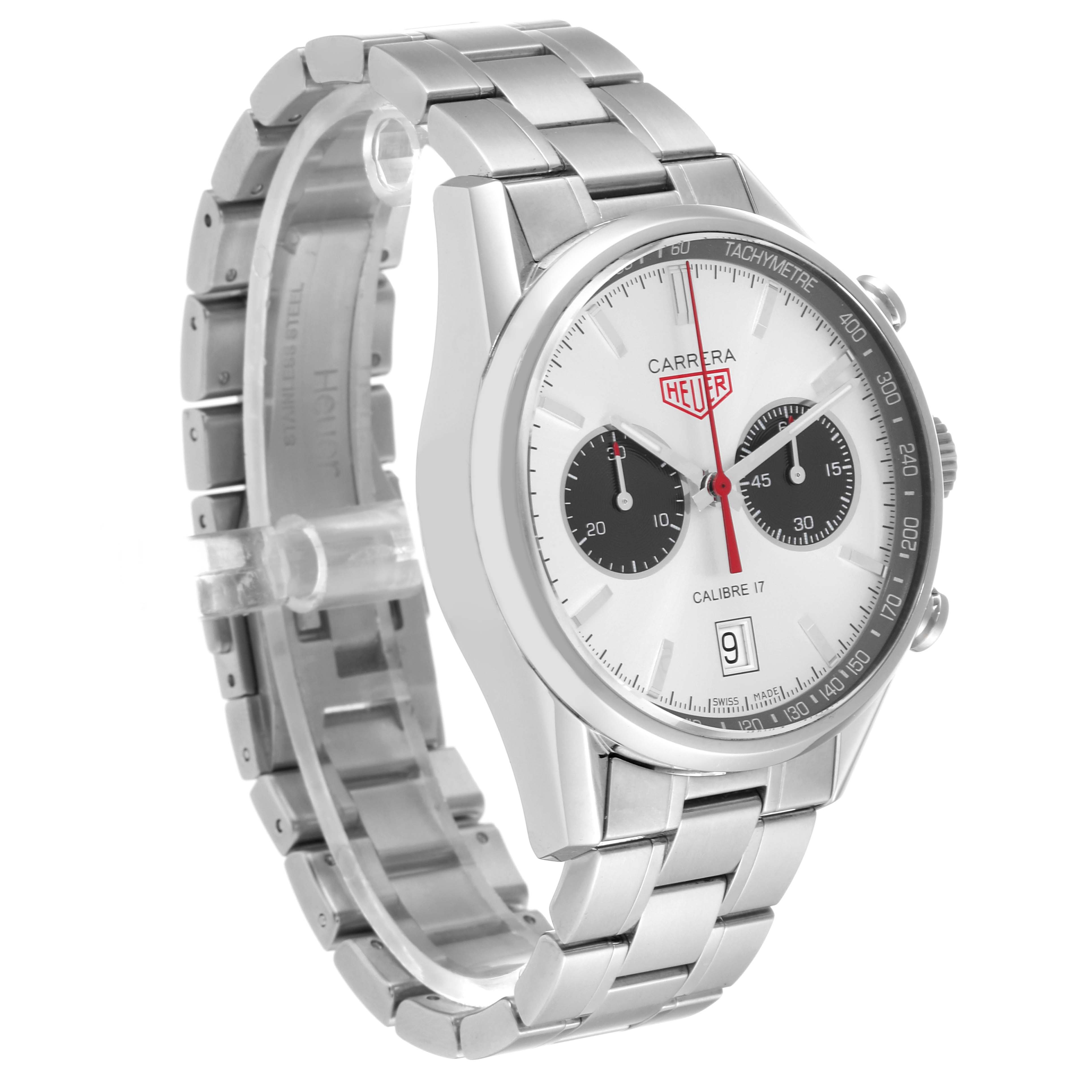 The image shows a Tag Heuer Carrera CV2119.BA0722 Men's Stainless Steel Grey Dial CV2119.BA0722 Men's Stainless Steel Grey Dial Calibre 17 Limited Edition watch angled to display the face and stainless steel bracelet.