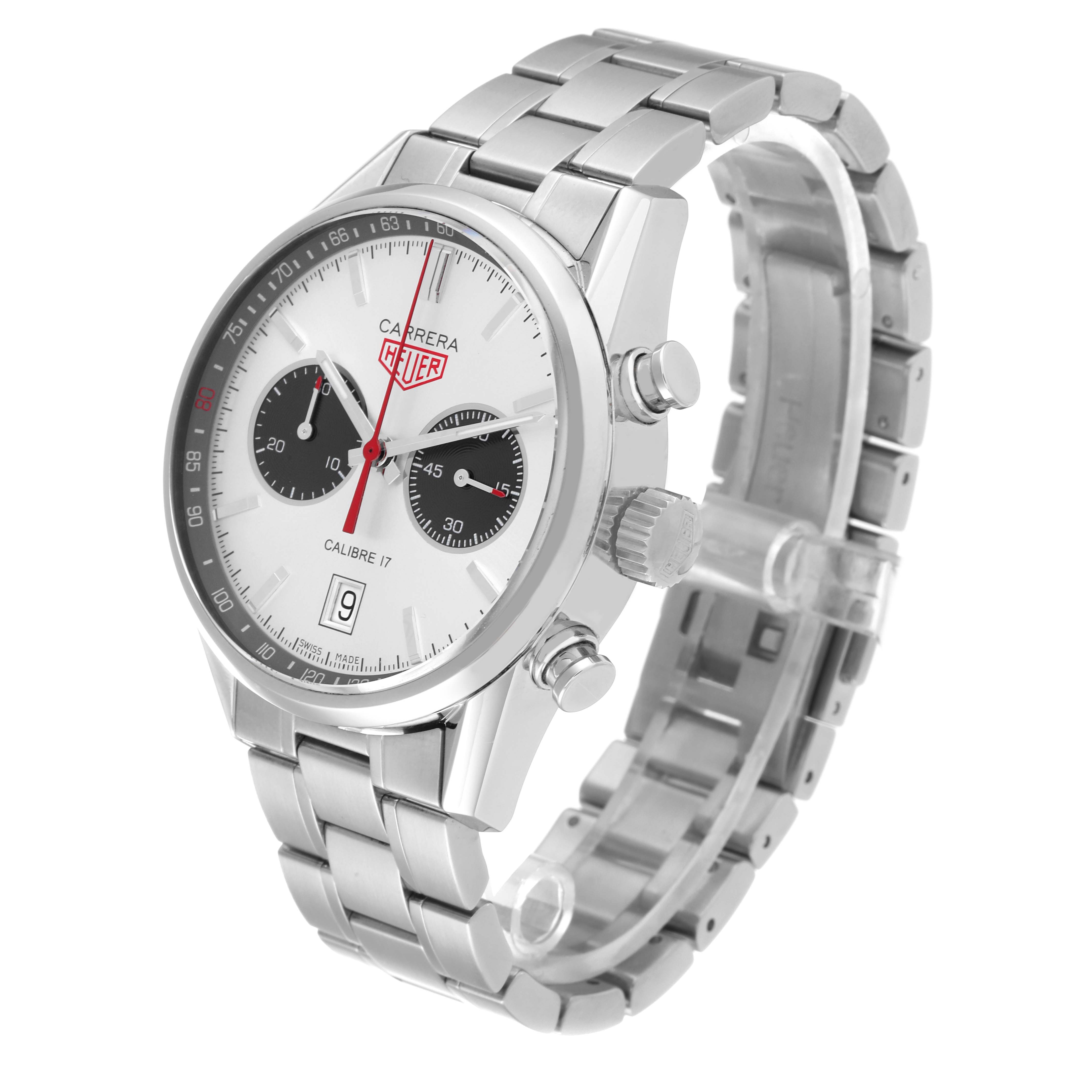 The Tag Heuer Carrera CV2119.BA0722 Men's Stainless Steel Grey Dial CV2119.BA0722 Men's Stainless Steel Grey Dial Calibre 17 Limited Edition watch is shown at an oblique angle, highlighting its face, bezel, and bracelet.