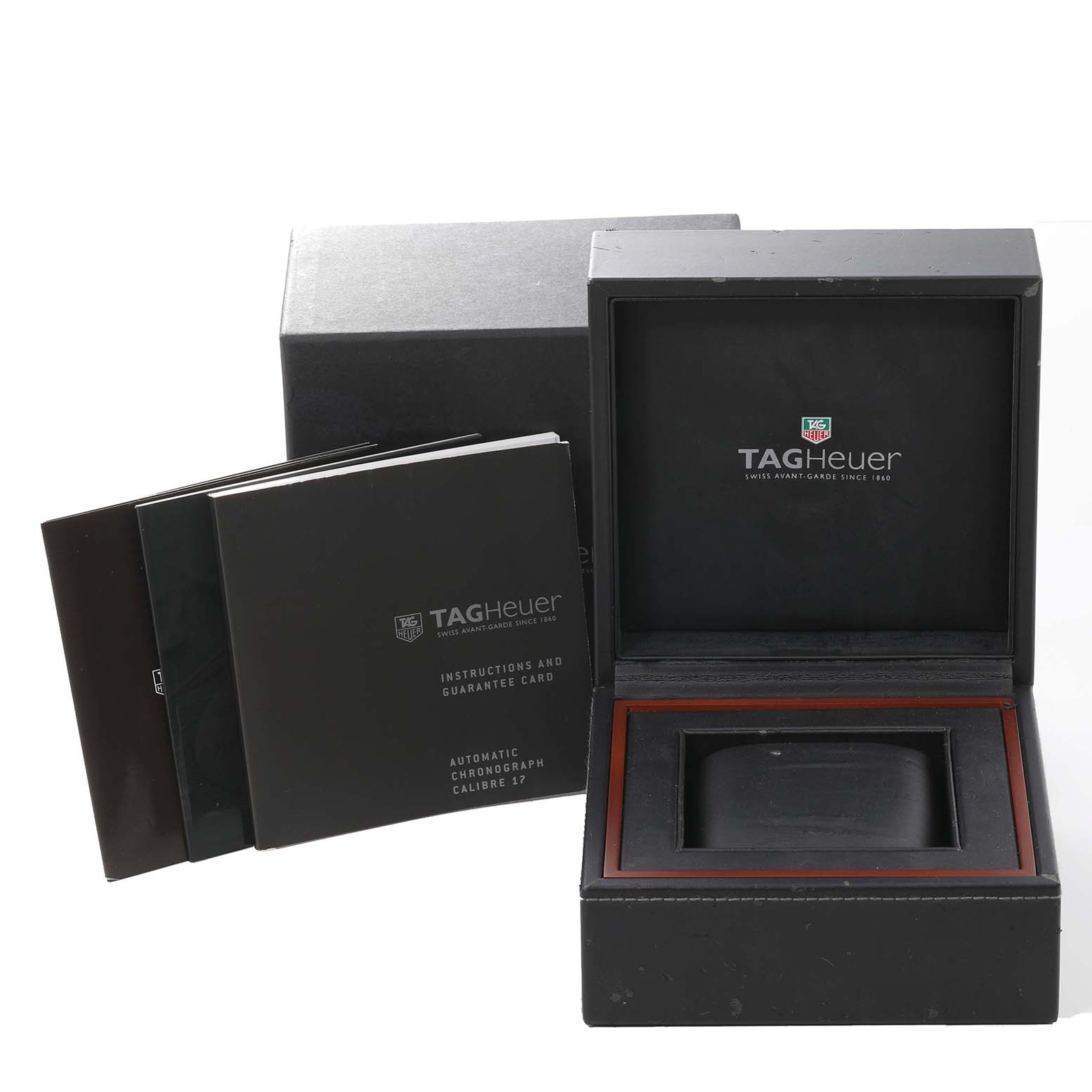 The image shows the open box, outer box, and manuals for the Limited Edition Tag Heuer Automatic Chronograph Calibre 17.