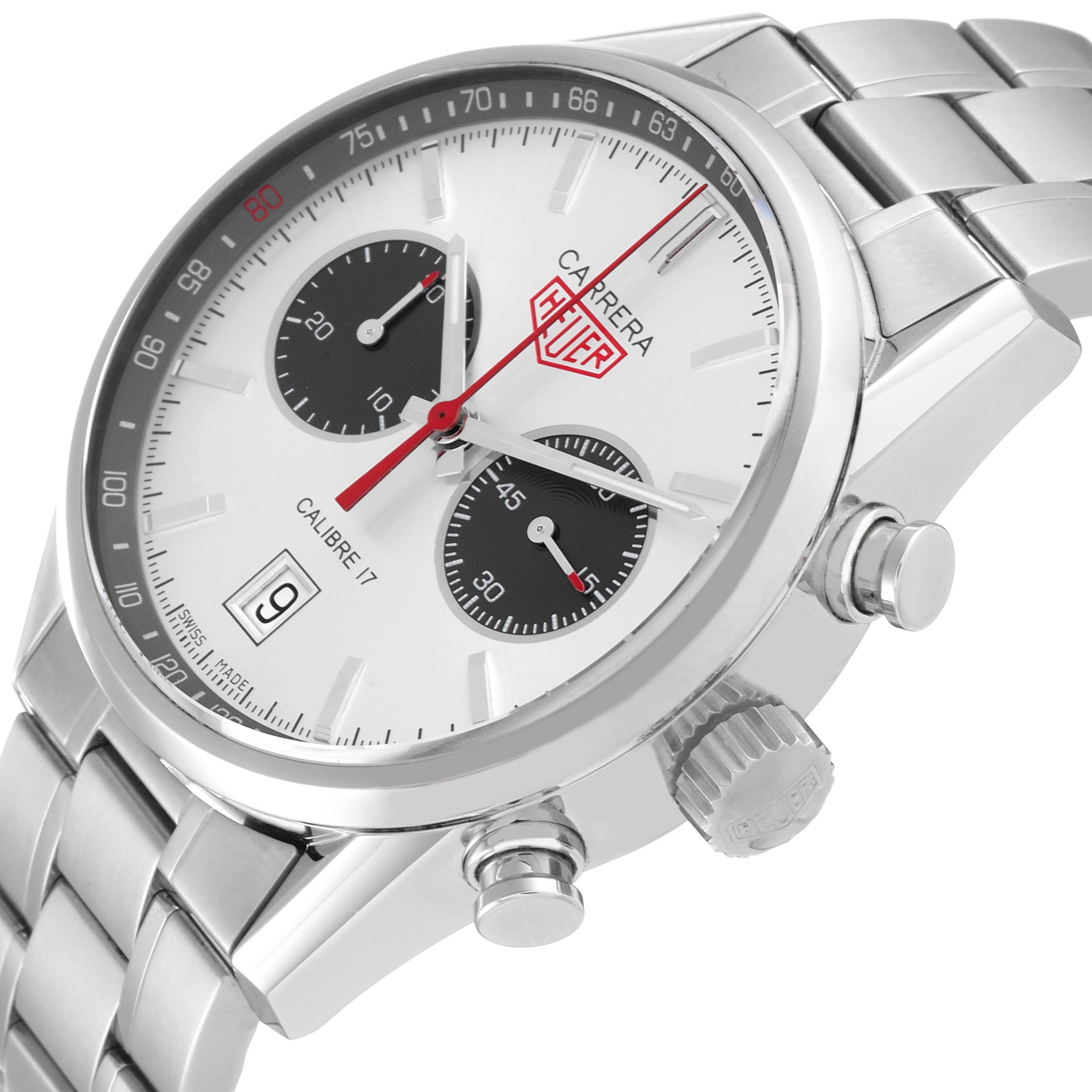 The image shows a side and partial top view of the Tag Heuer Carrera CV2119.BA0722 Men's Stainless Steel Grey Dial CV2119.BA0722 Men's Stainless Steel Grey Dial Calibre 17 Limited Edition watch, highlighting its dial, bezel, and bracelet.