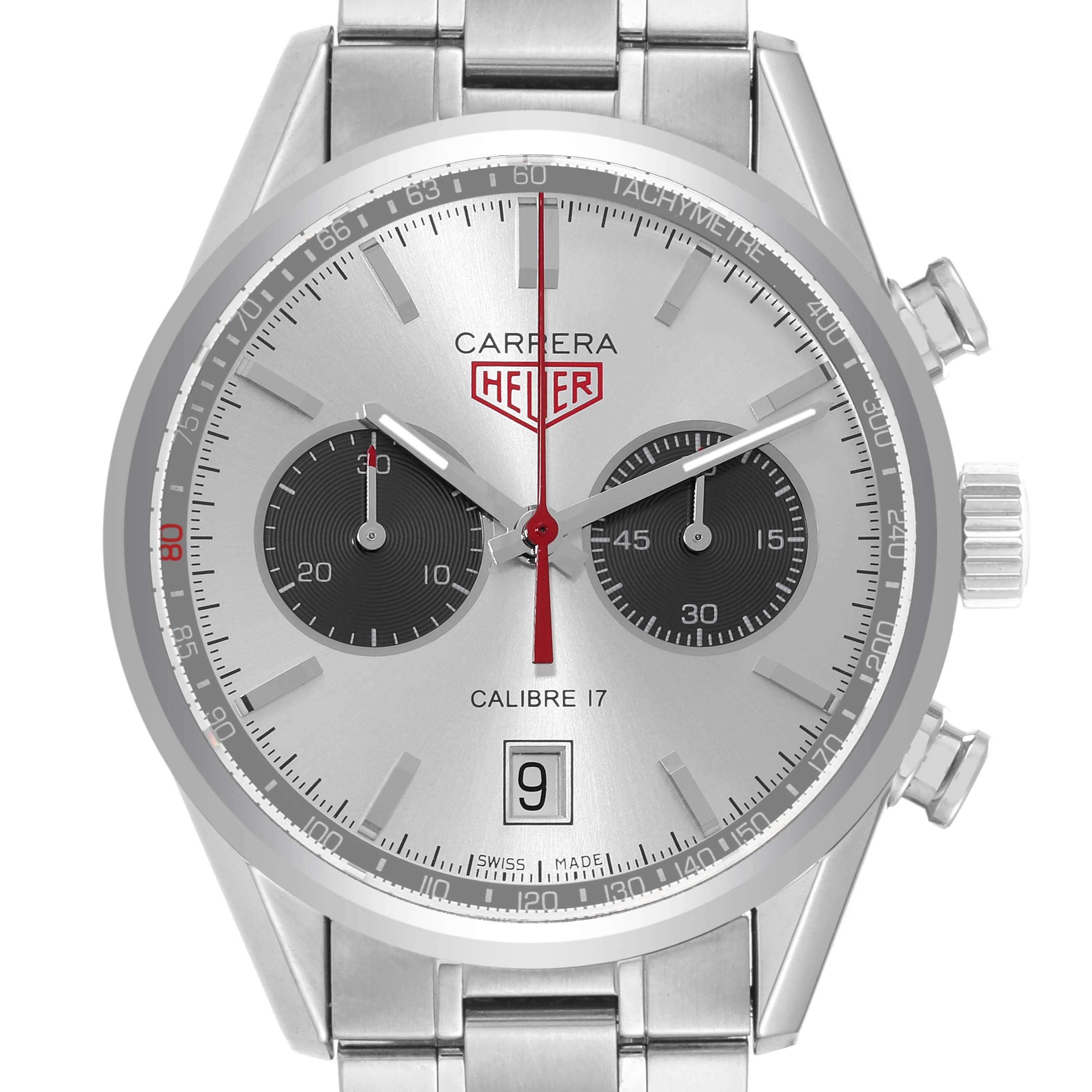 The image shows a front view of a Tag Heuer Carrera CV2119.BA0722 Men's Stainless Steel Grey Dial CV2119.BA0722 Men's Stainless Steel Grey Dial Calibre 17 Limited Edition watch, displaying its dial, hands, and metal bracelet.