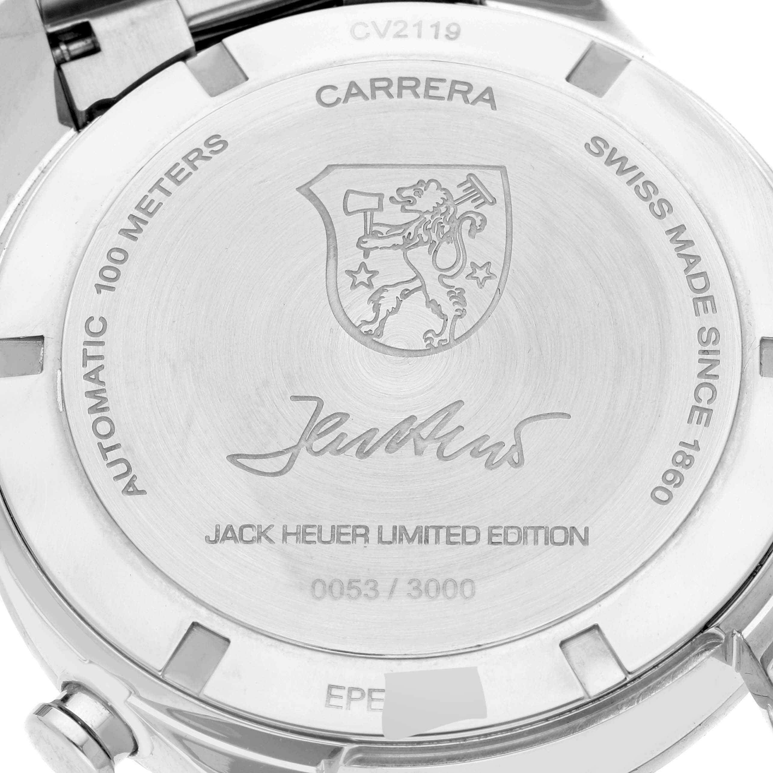 This image shows the back of the Tag Heuer Carrera CV2119.BA0722 Men's Stainless Steel Grey Dial CV2119.BA0722 Men's Stainless Steel Grey Dial Jack Heuer Limited Edition watch, displaying engravings and model details.