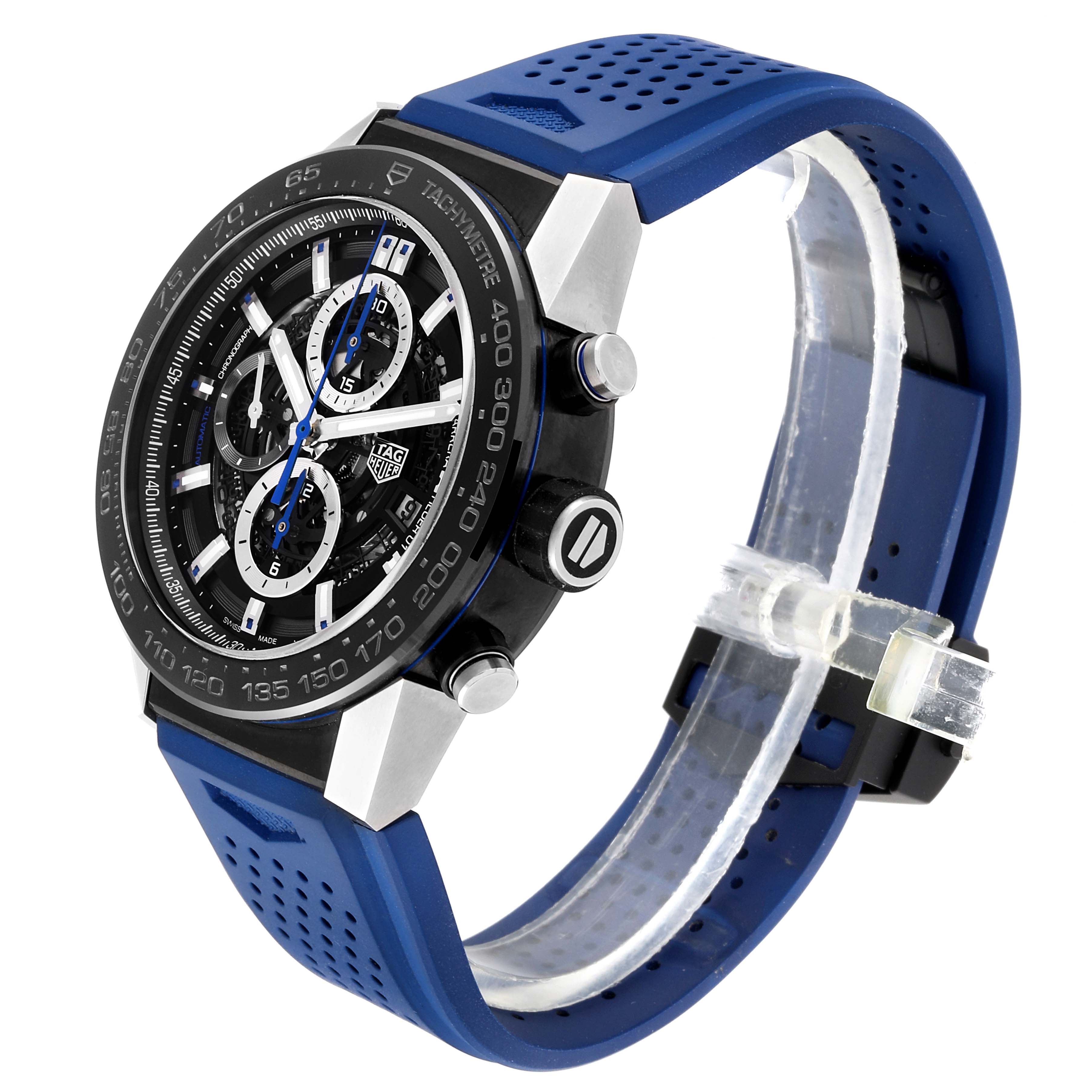 The image shows a Tag Heuer Carrera CAR2A1T.FT6052 Men's Titanium Black Dial CAR2A1T.FT6052 Men's Titanium Black Dial watch at a 3/4 side angle, highlighting its blue strap and tachymeter bezel.