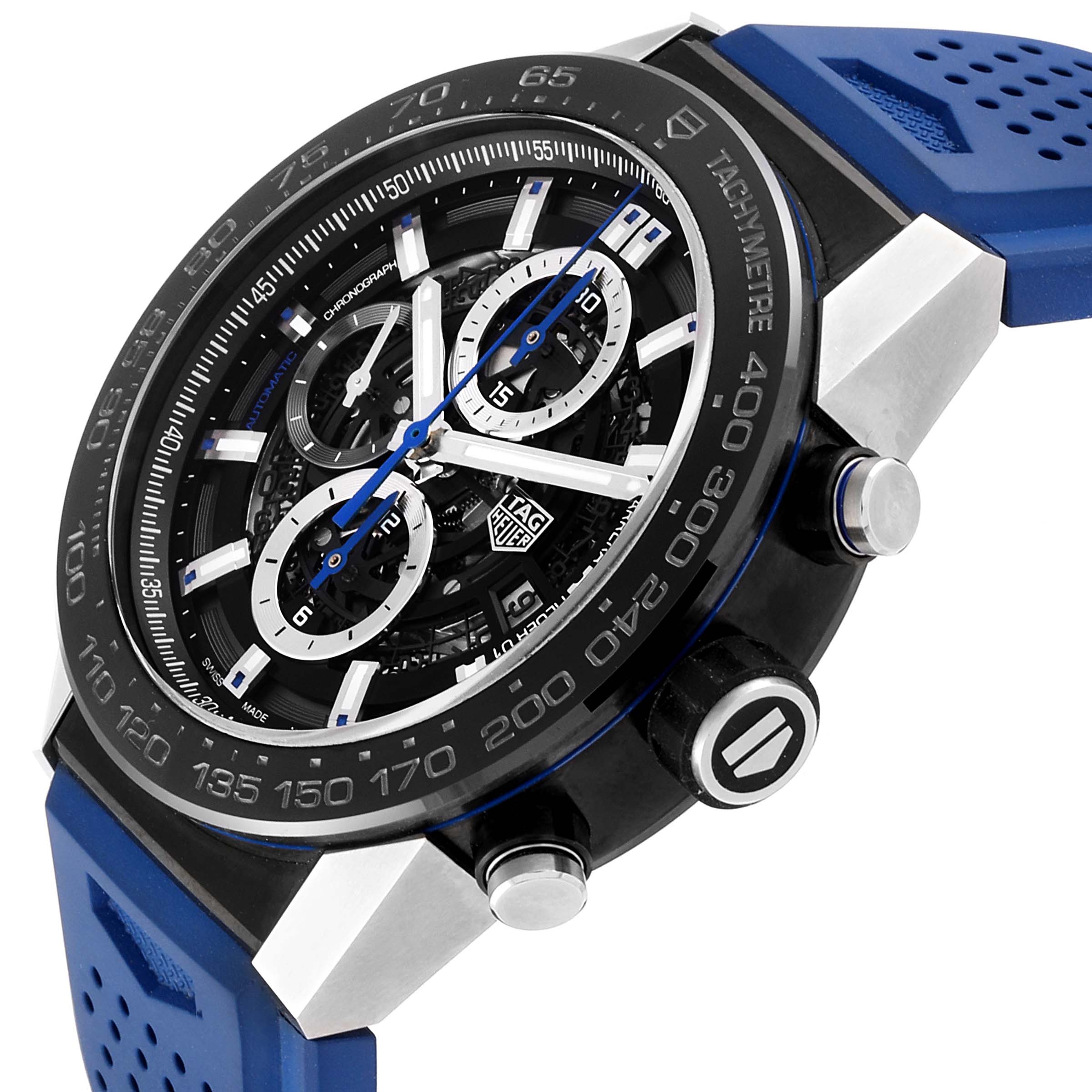 The image shows a side angle of a Tag Heuer Carrera CAR2A1T.FT6052 Men's Titanium Black Dial CAR2A1T.FT6052 Men's Titanium Black Dial watch, highlighting the dial, bezel, and blue strap.
