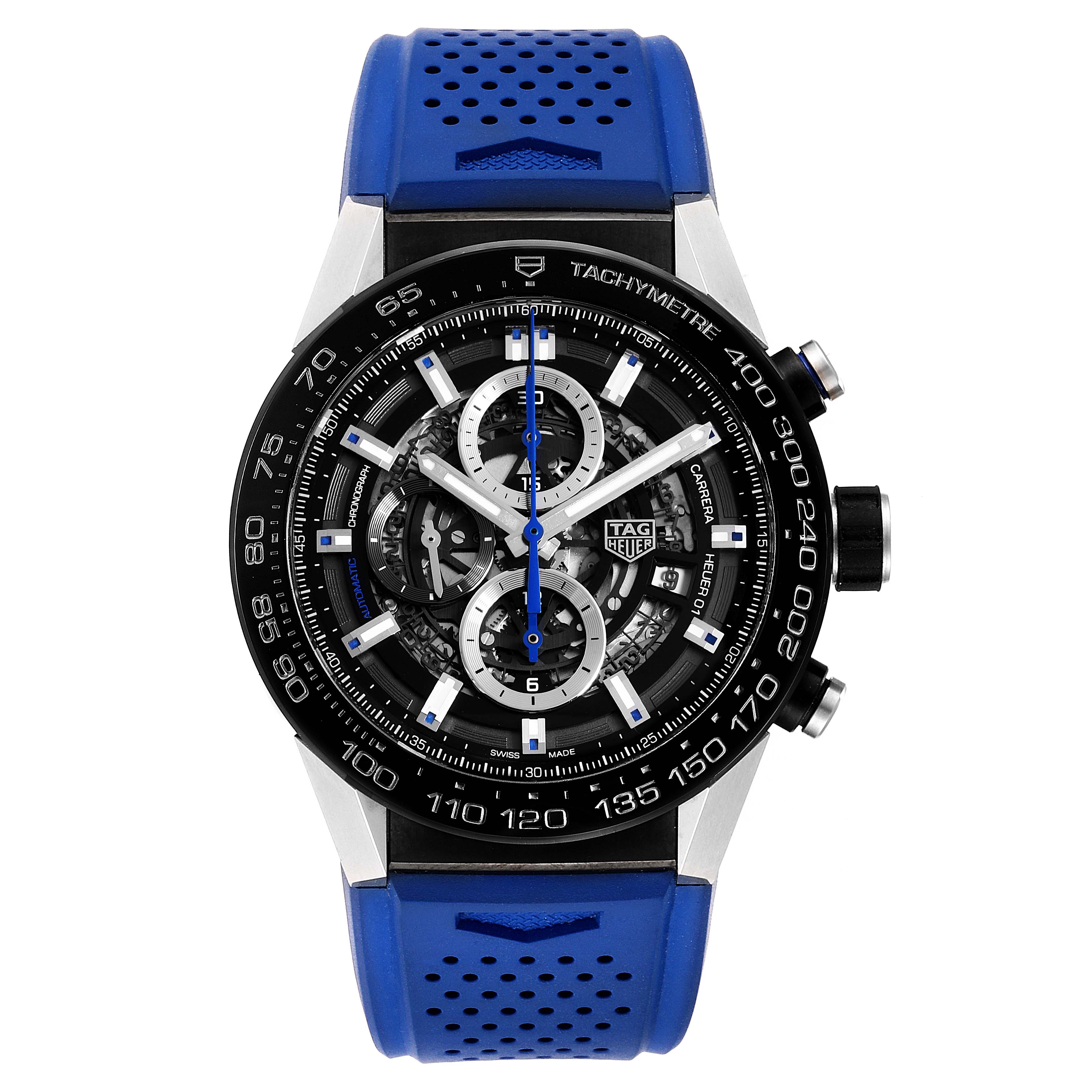 The image shows a Tag Heuer Carrera CAR2A1T.FT6052 Men's Titanium Black Dial CAR2A1T.FT6052 Men's Titanium Black Dial watch from a front angle, highlighting its face, dial, and blue strap.