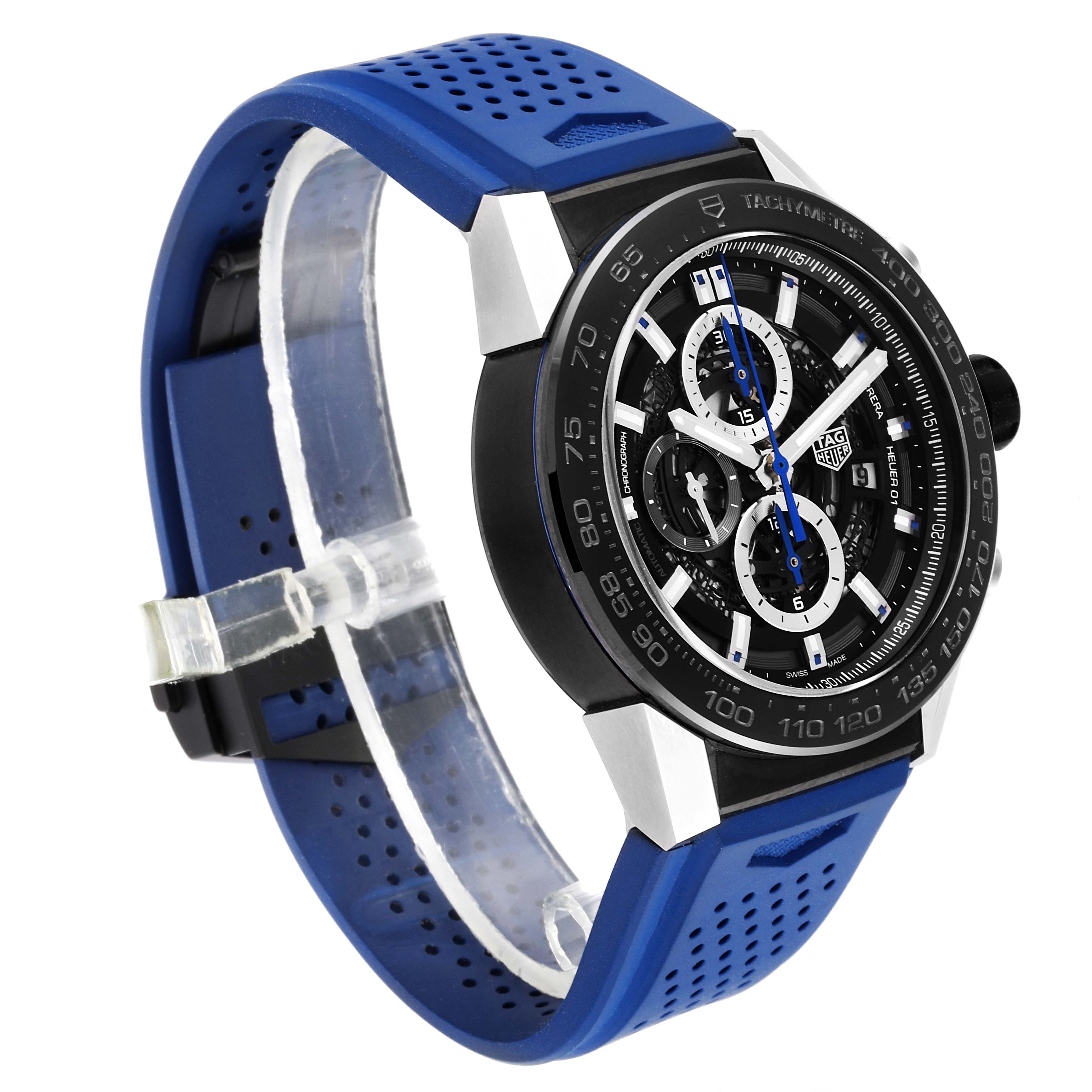 This Tag Heuer Carrera CAR2A1T.FT6052 Men's Titanium Black Dial CAR2A1T.FT6052 Men's Titanium Black Dial model watch is shown from an angled side view, highlighting its blue strap, black bezel, and detailed dial.