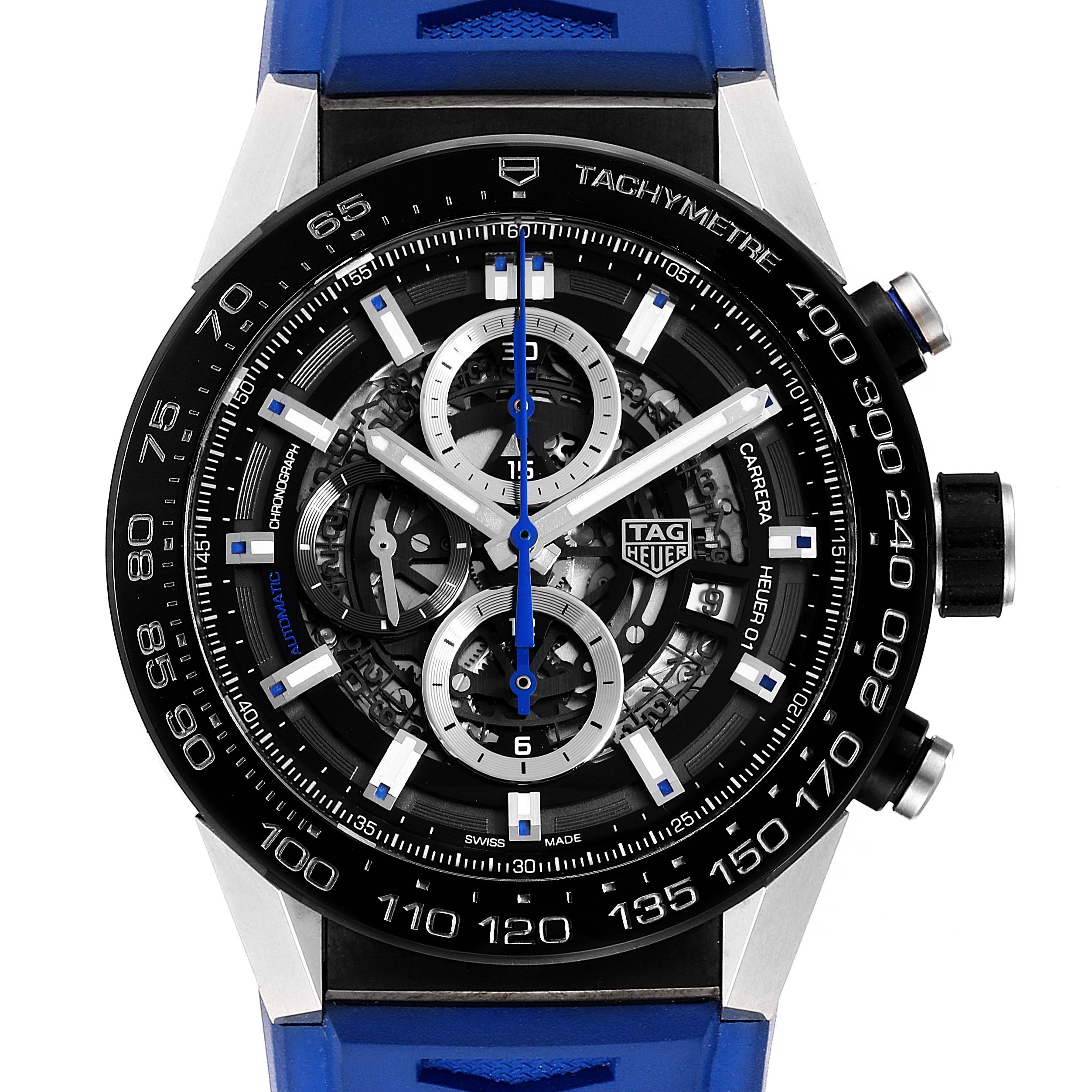 The image shows a close-up, front view of the Tag Heuer Carrera CAR2A1T.FT6052 Men's Titanium Black Dial CAR2A1T.FT6052 Men's Titanium Black Dial watch face with a blue strap.