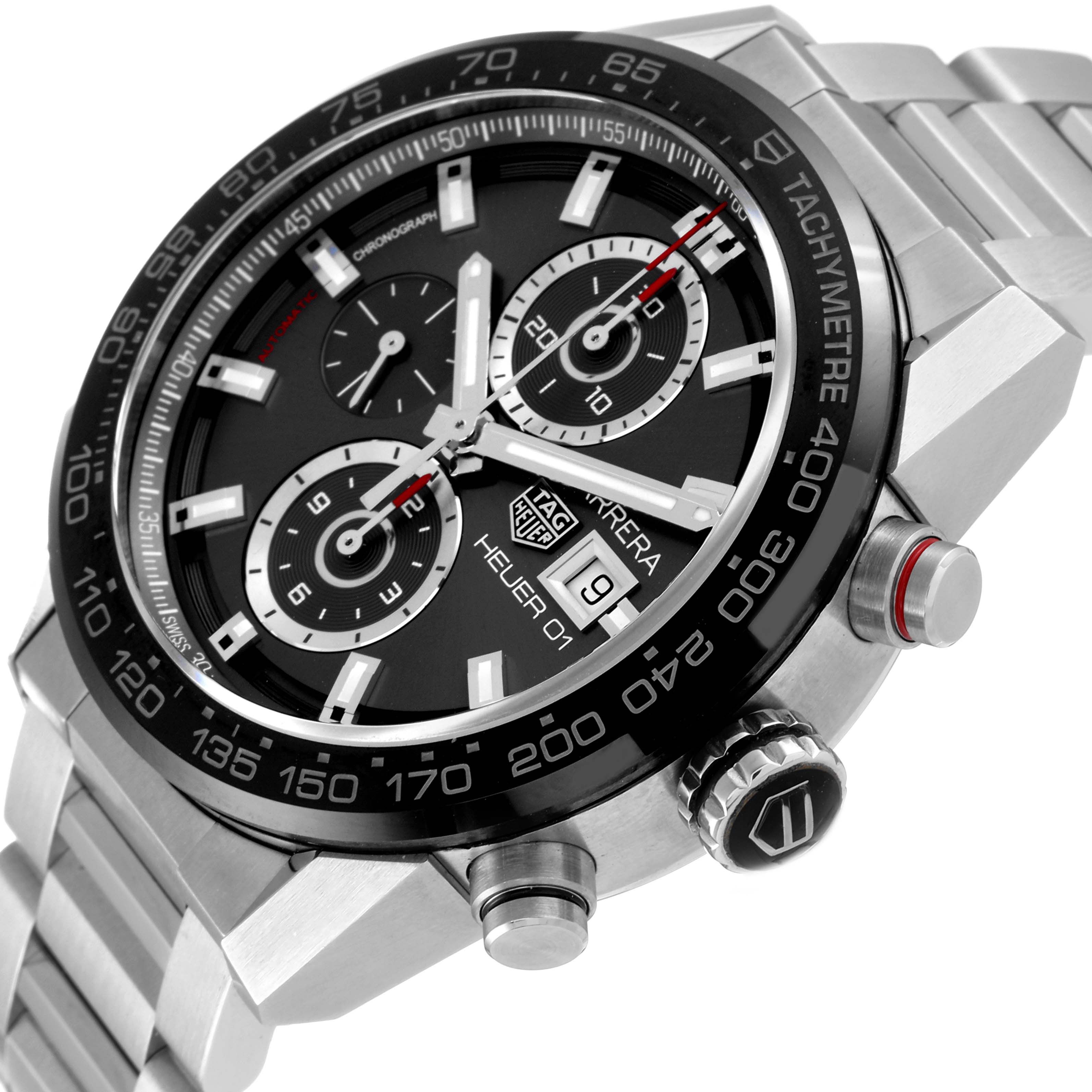 The image shows a close-up, angled view of a Tag Heuer Carrera CAR201W.BA0714 Men's Stainless Steel Black Dial CAR201W.BA0714 Men's Stainless Steel Black Dial watch, highlighting its dial, sub-dials, and side buttons.