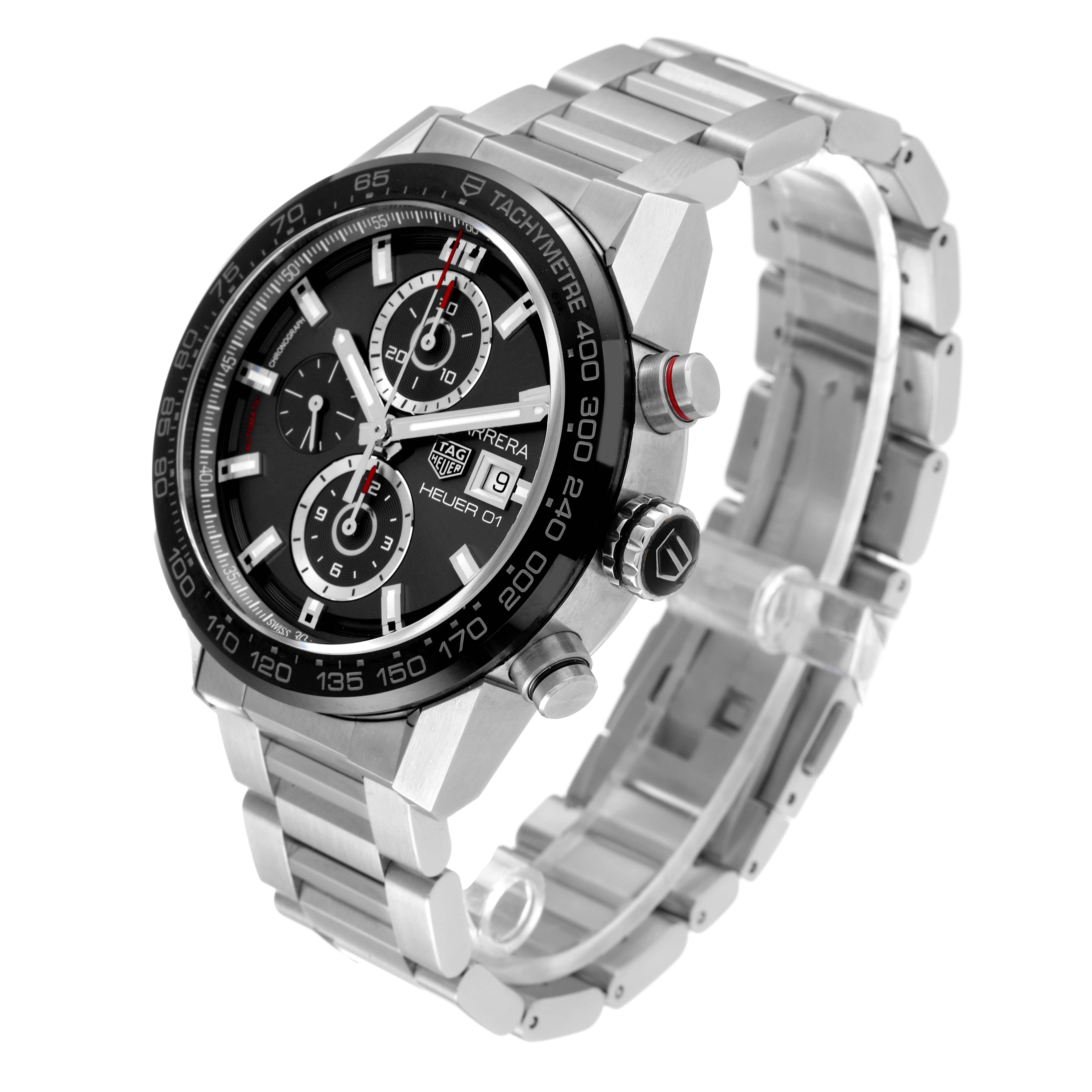 The image shows a Tag Heuer Carrera CAR201W.BA0714 Men's Stainless Steel Black Dial CAR201W.BA0714 Men's Stainless Steel Black Dial watch at an angled view, highlighting the watch face, bezel, and metal bracelet.