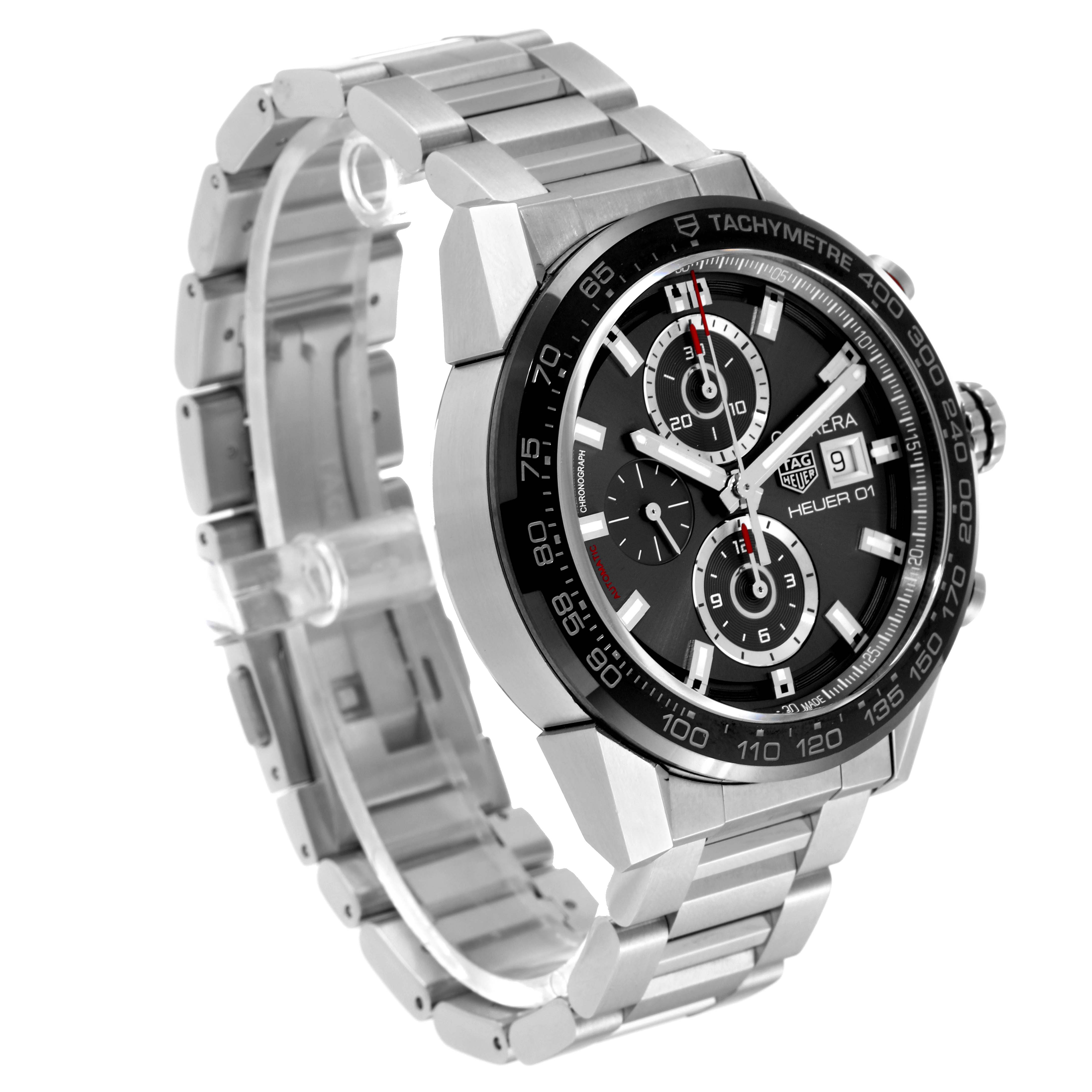 The image shows a Tag Heuer Carrera CAR201W.BA0714 Men's Stainless Steel Black Dial CAR201W.BA0714 Men's Stainless Steel Black Dial watch from an angled side-front view, highlighting the watch face and metal bracelet.