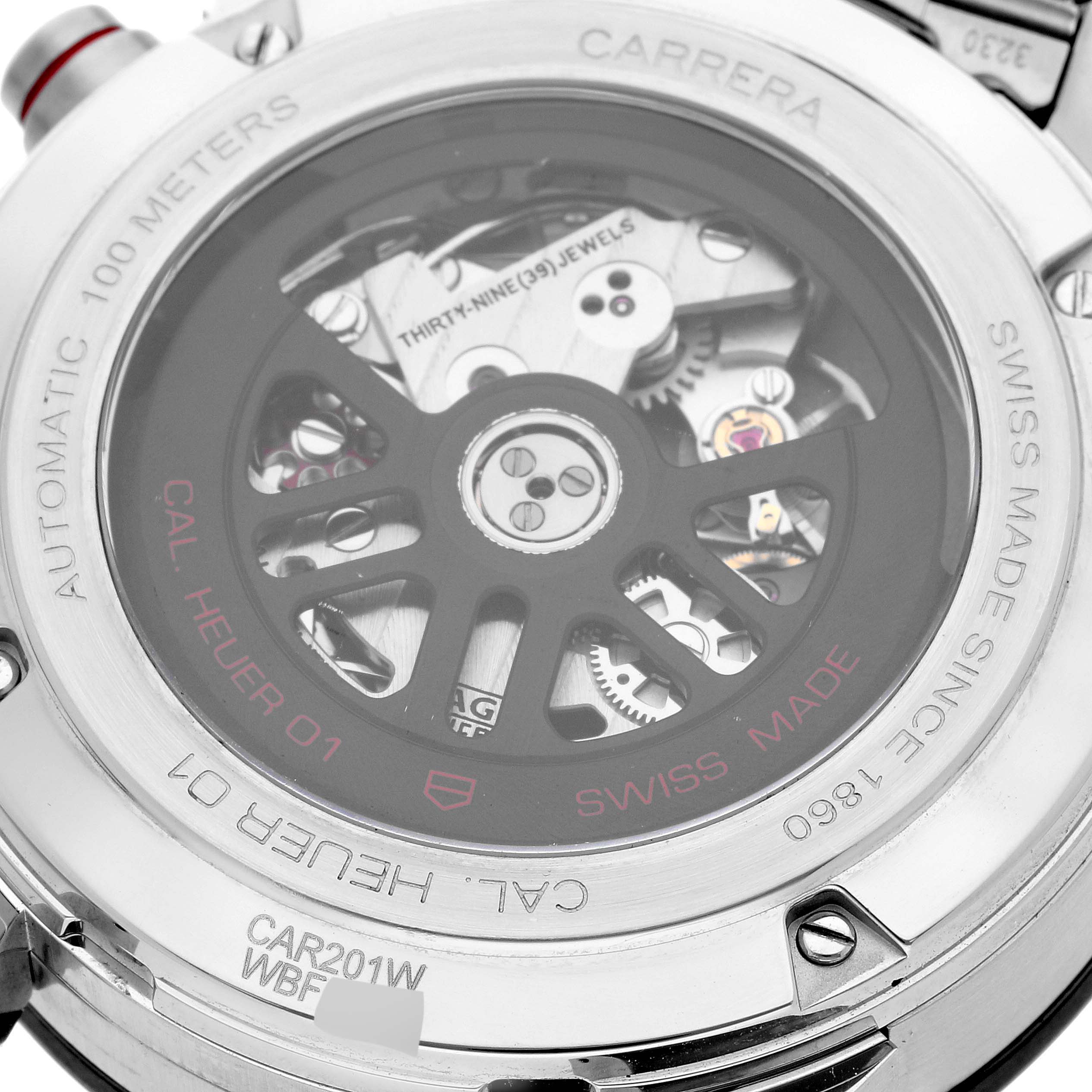 The image shows the back view of the Tag Heuer Carrera CAR201W.BA0714 Men's Stainless Steel Black Dial CAR201W.BA0714 Men's Stainless Steel Black Dial watch, revealing its automatic movement and internal mechanisms.