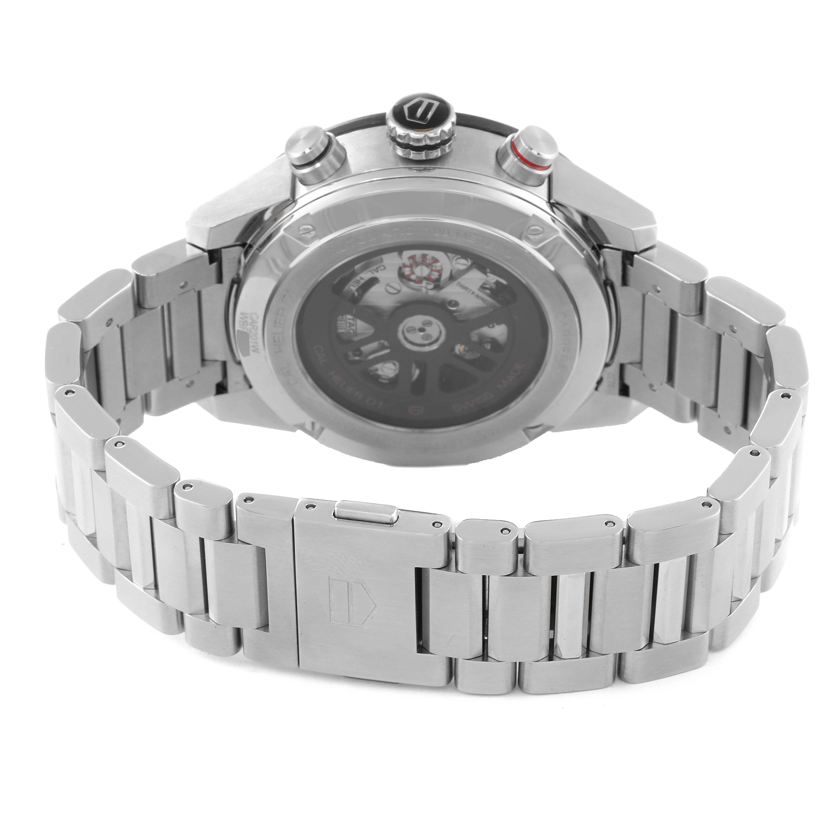 This image shows the back and bracelet of a Carrera model by Tag Heuer, highlighting the clasp and partially visible movement.