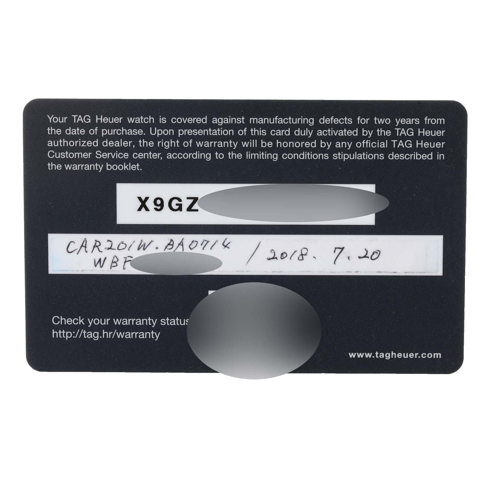 The image shows the warranty card for a Tag Heuer Carrera CAR201W.BA0714 Men's Stainless Steel Black Dial CAR201W.BA0714 Men's Stainless Steel Black Dial watch, displaying model information and purchase date.