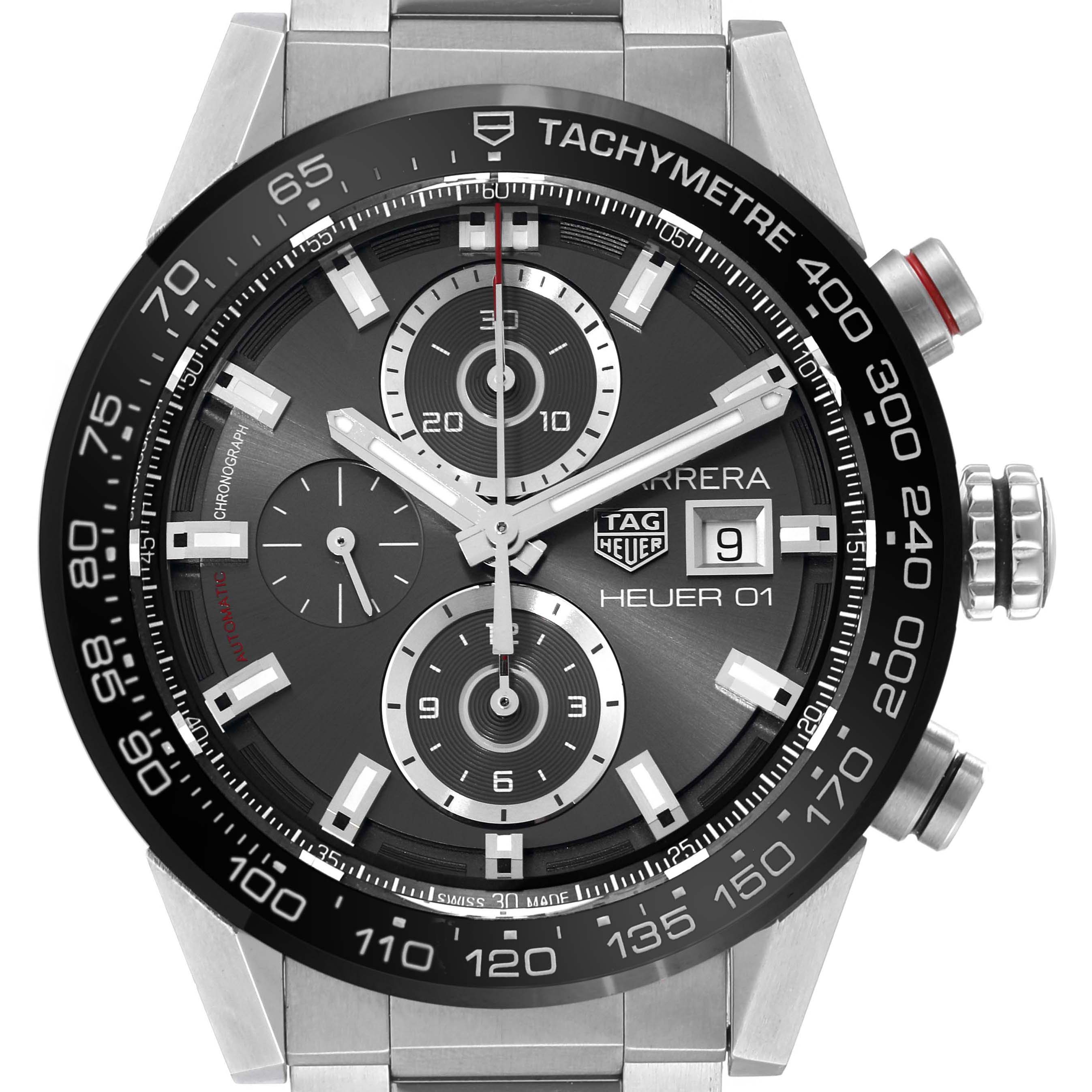 The image shows a close-up view of the dial of a Tag Heuer Carrera CAR201W.BA0714 Men's Stainless Steel Black Dial CAR201W.BA0714 Men's Stainless Steel Black Dial watch, featuring a tachymeter, chronograph subdials, and a date window.