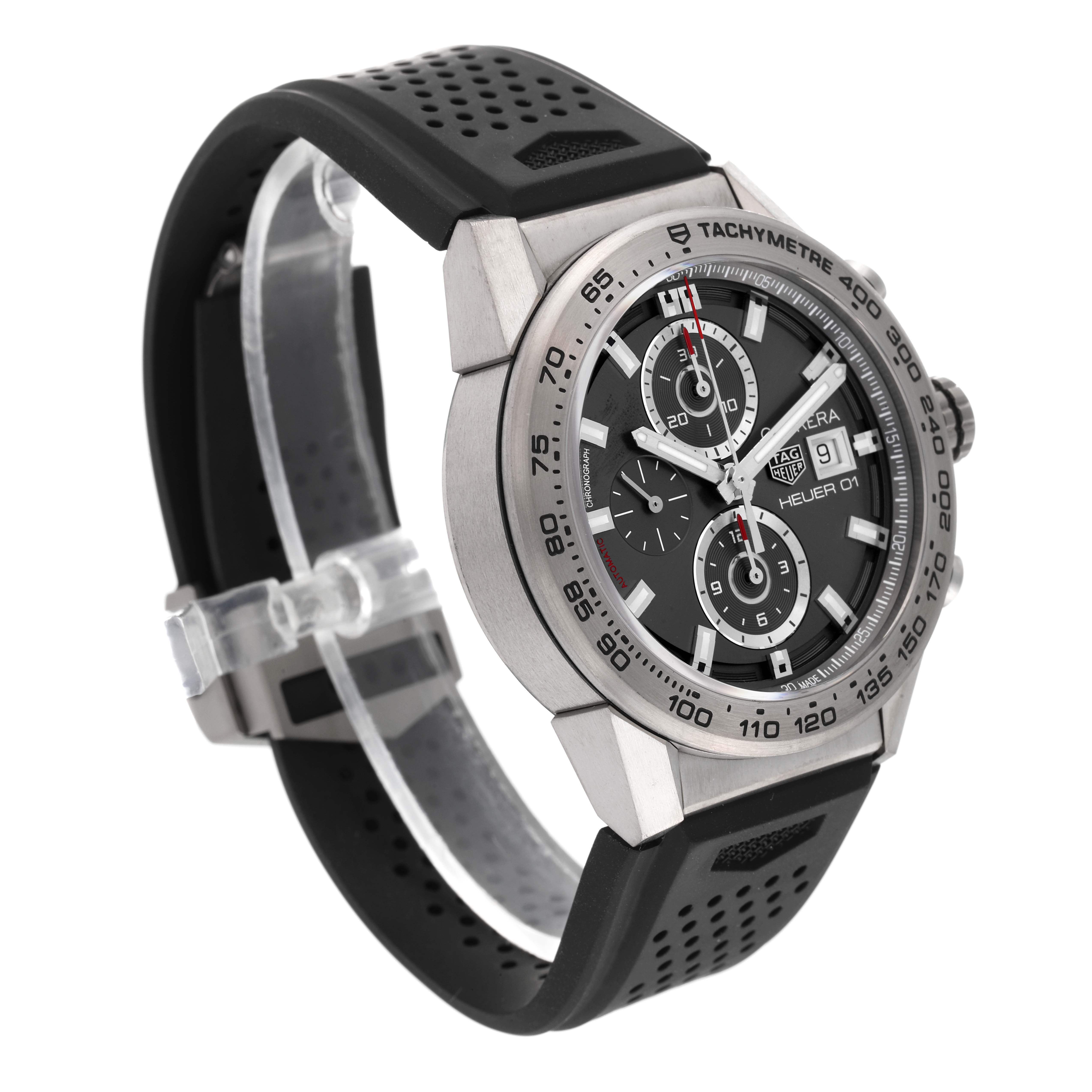 The image shows a Tag Heuer Carrera CAR208Z.FT6046 Men's Stainless Steel Grey Dial CAR208Z.FT6046 Men's Stainless Steel Grey Dial model watch at a three-quarter angle, highlighting the face, bezel, and perforated strap.