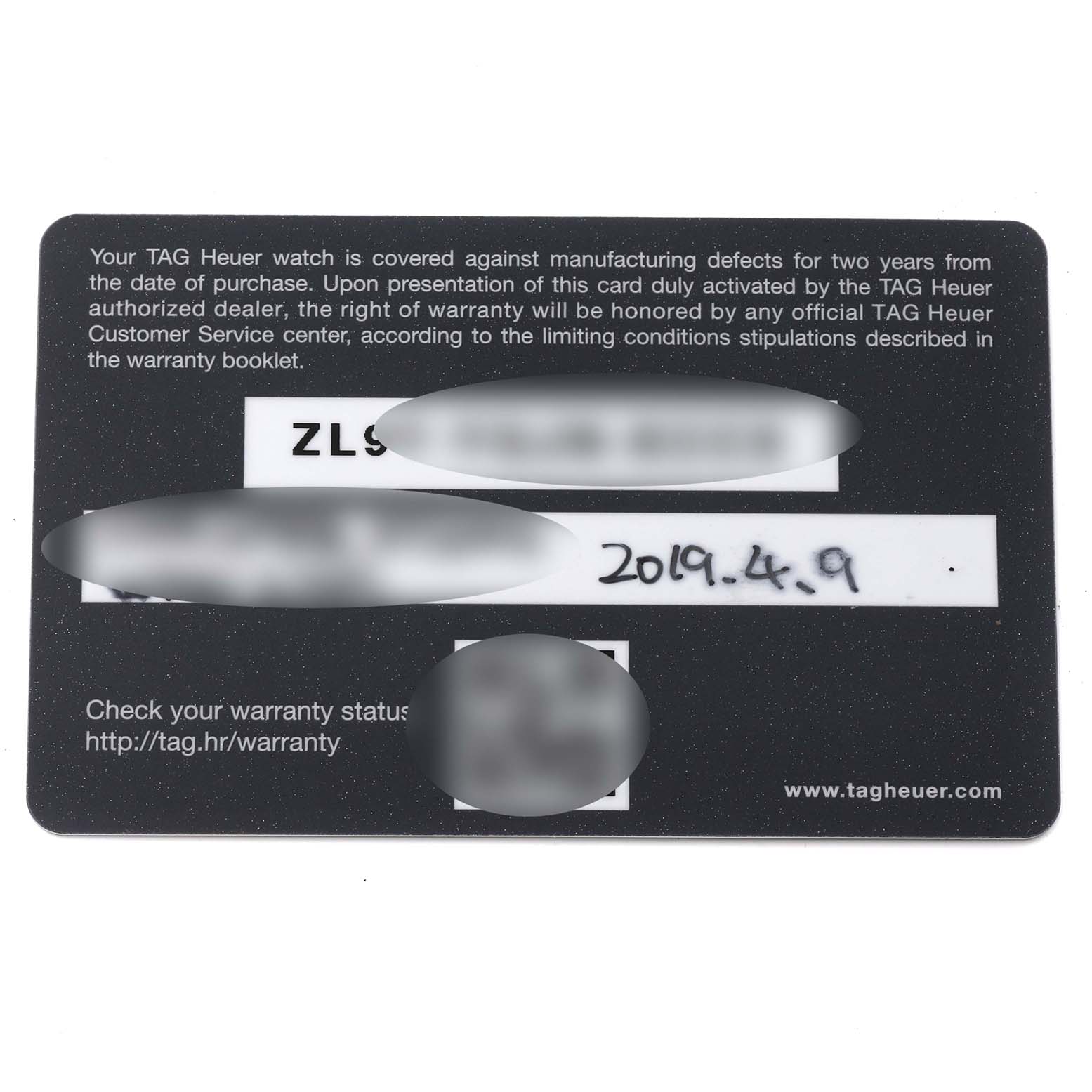 This image shows the warranty card for the Carrera model by Tag Heuer, including the purchase date and warranty details.