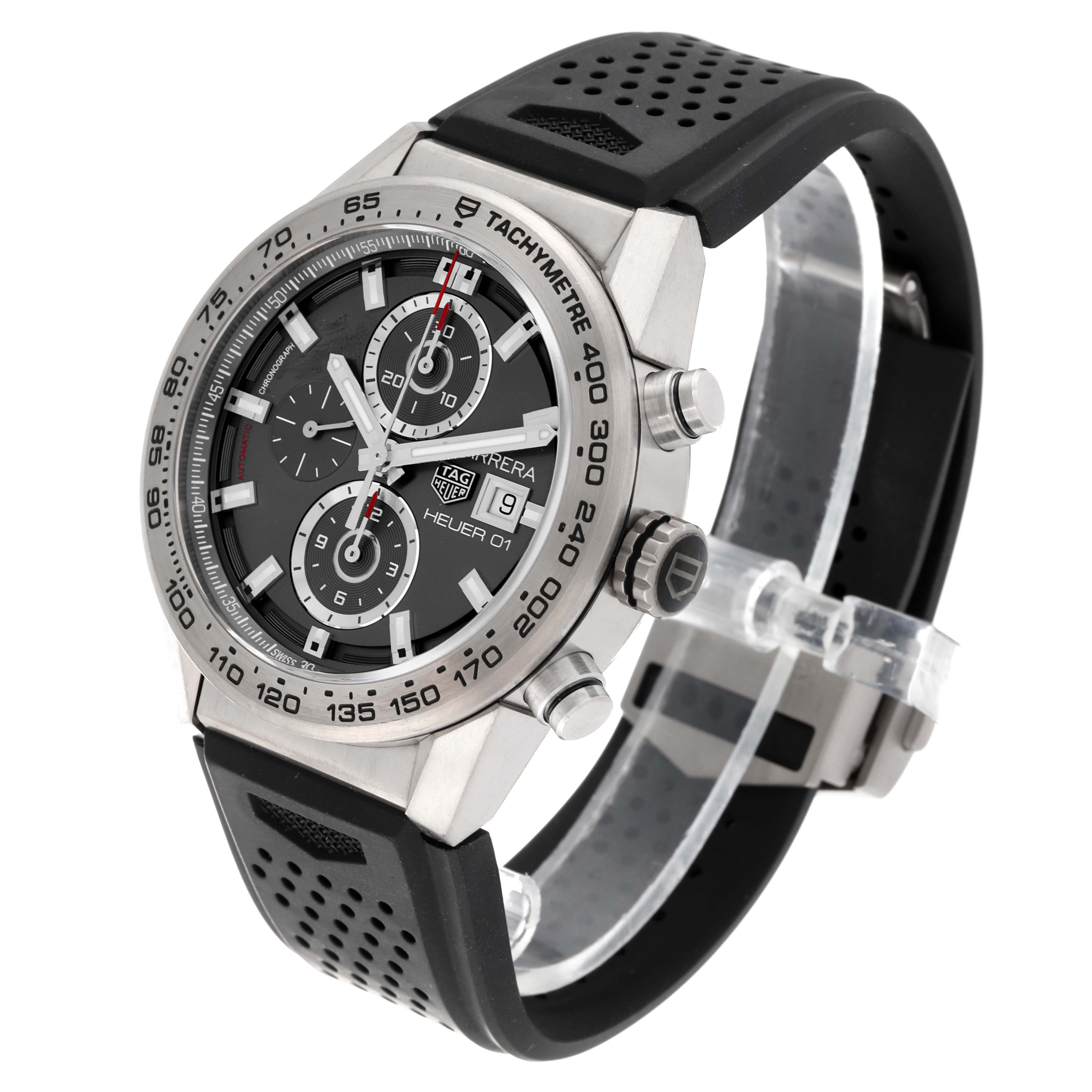 This image shows a Tag Heuer Carrera CAR208Z.FT6046 Men's Stainless Steel Grey Dial CAR208Z.FT6046 Men's Stainless Steel Grey Dial watch, angled to display the face, bezel, pushers, and band.