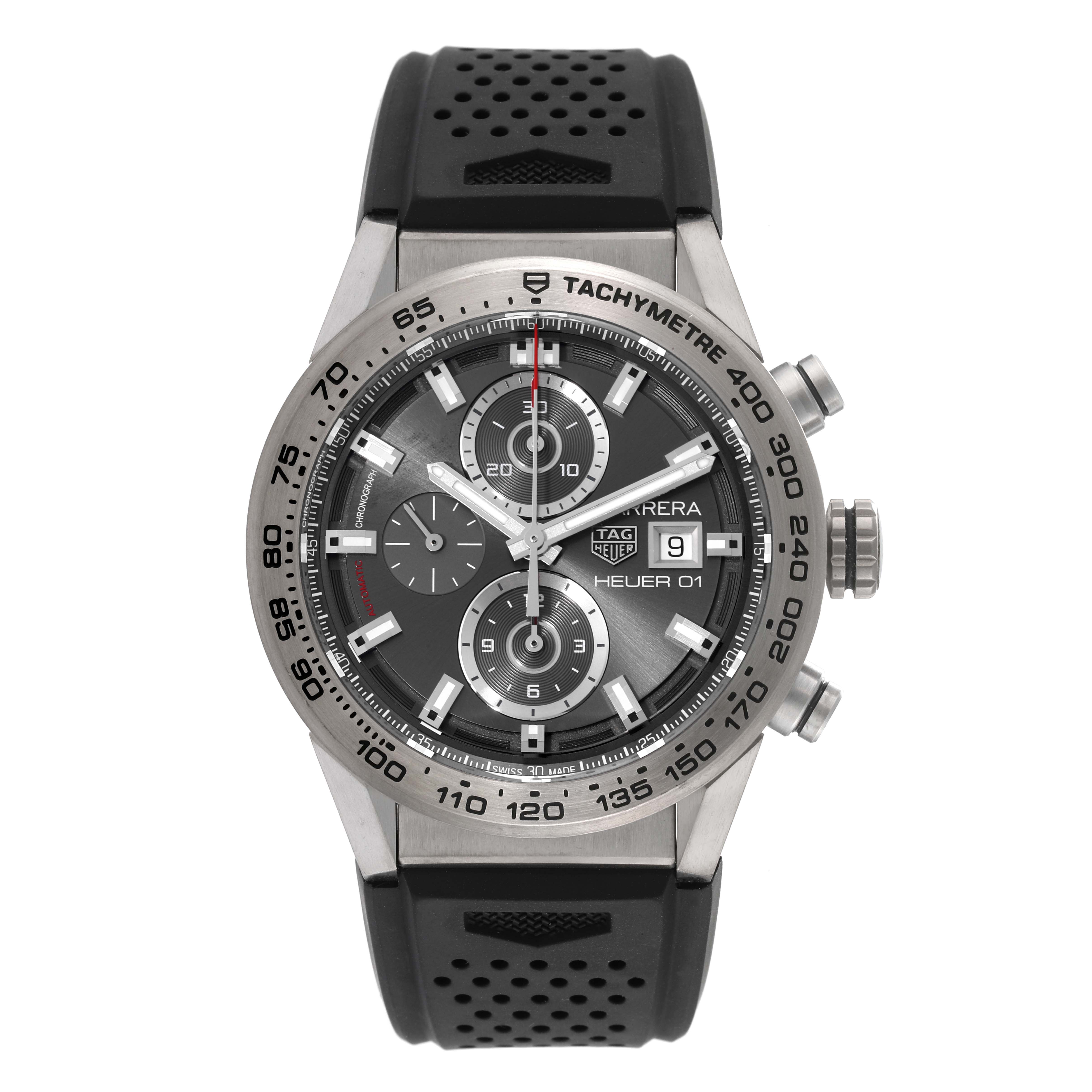 The image shows a front view of a Tag Heuer Carrera CAR208Z.FT6046 Men's Stainless Steel Grey Dial CAR208Z.FT6046 Men's Stainless Steel Grey Dial watch with a black strap and visible tachymetre bezel.