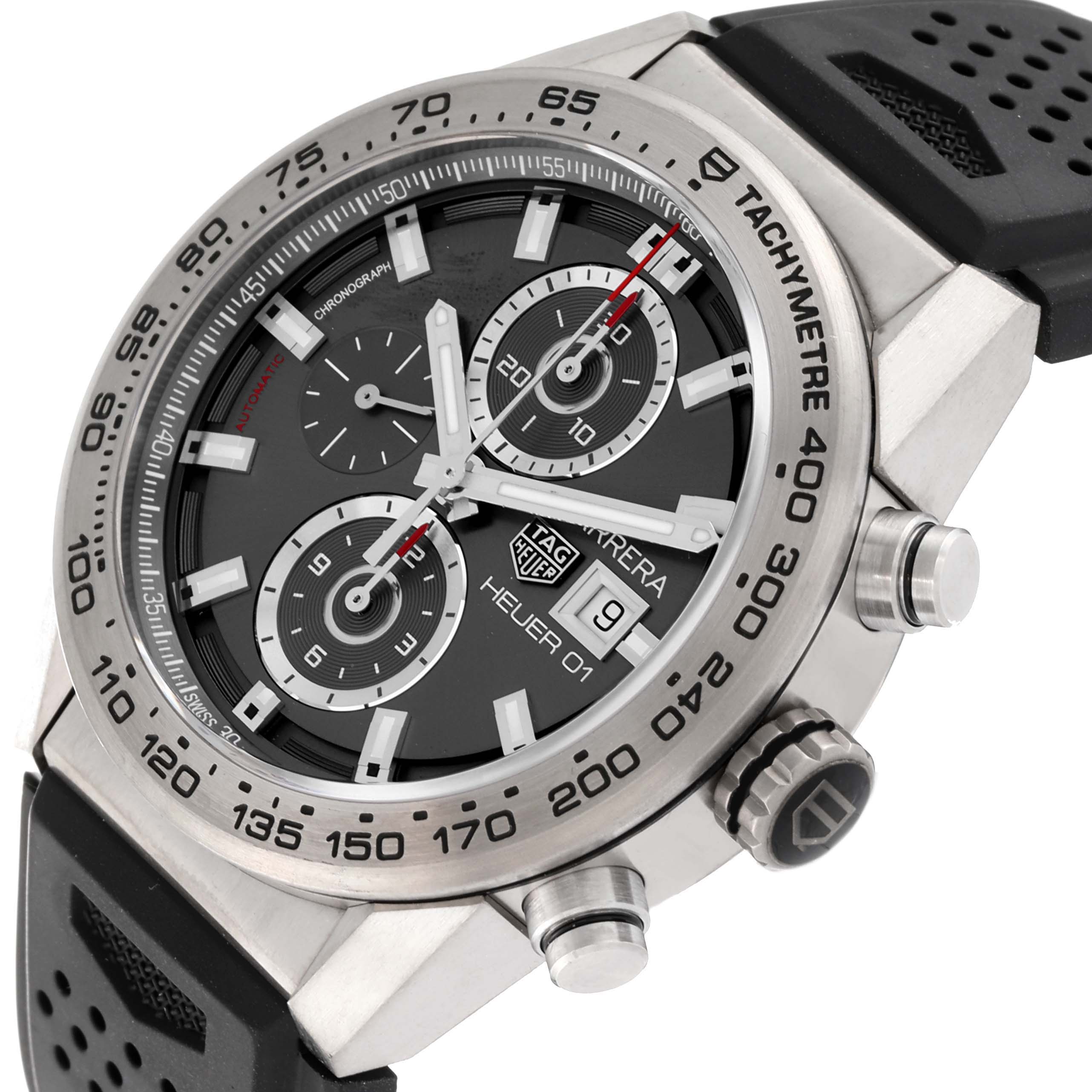 The image shows a close-up angle of the Tag Heuer Carrera CAR208Z.FT6046 Men's Stainless Steel Grey Dial CAR208Z.FT6046 Men's Stainless Steel Grey Dial watch, highlighting its face, bezel, and buttons.