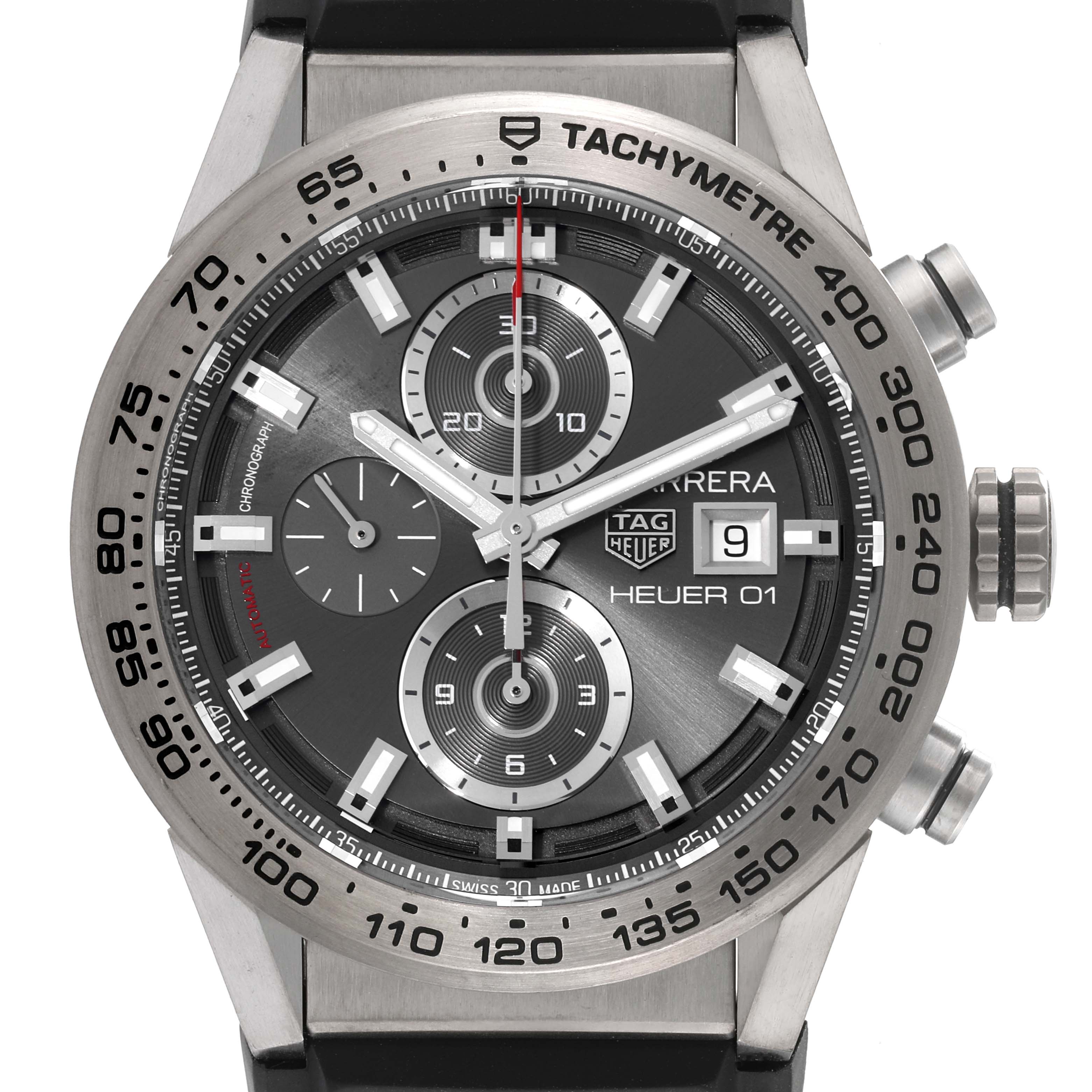 The image shows a front view of the Tag Heuer Carrera CAR208Z.FT6046 Men's Stainless Steel Grey Dial CAR208Z.FT6046 Men's Stainless Steel Grey Dial model watch, highlighting its face, dials, and tachymeter bezel.
