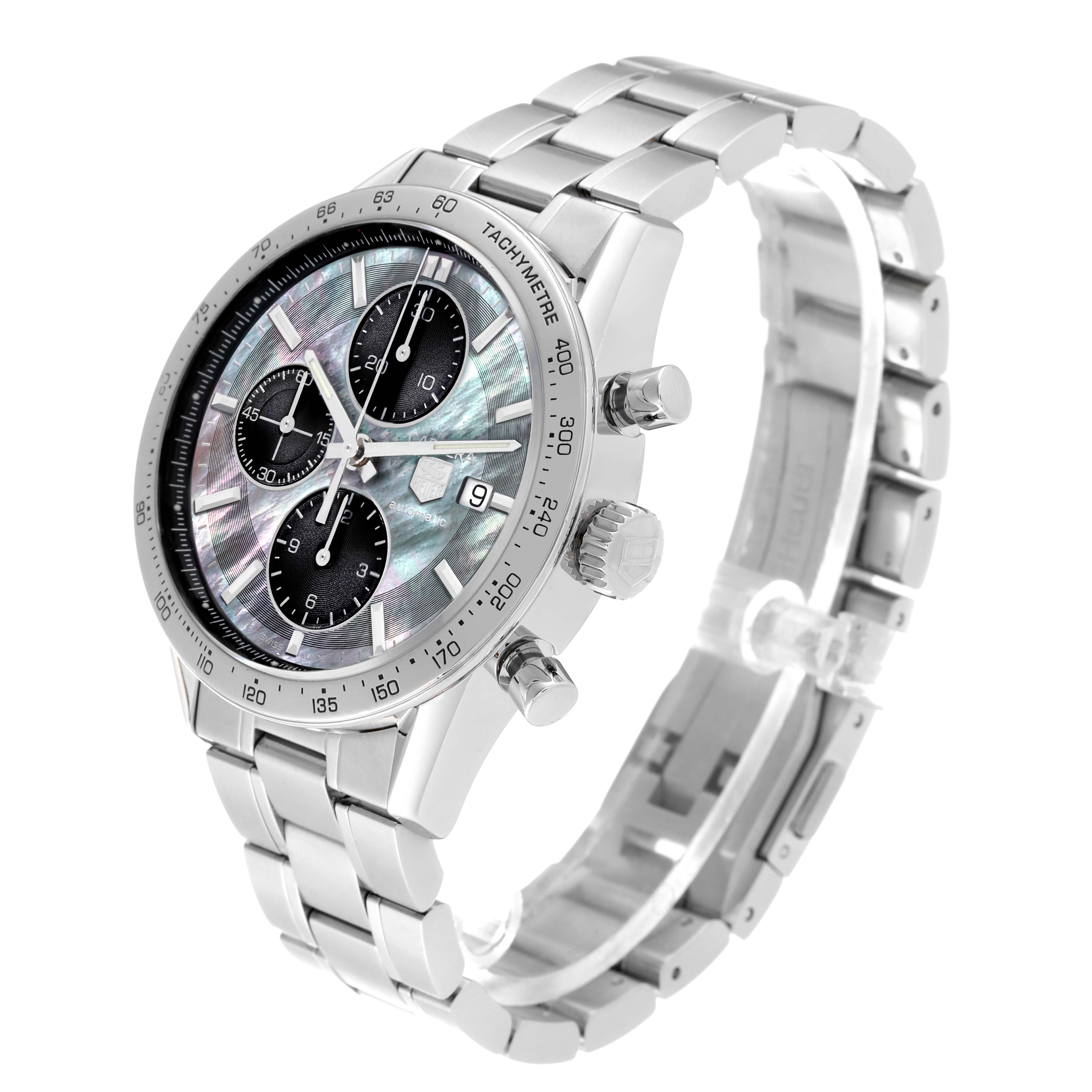 The Tag Heuer Carrera CV201P Men's Stainless Steel Mother of Pearl Dial CV201P Men's Stainless Steel Mother of Pearl Dial watch is shown at a 3/4 angle, displaying its face, side buttons, crown, and metal bracelet.