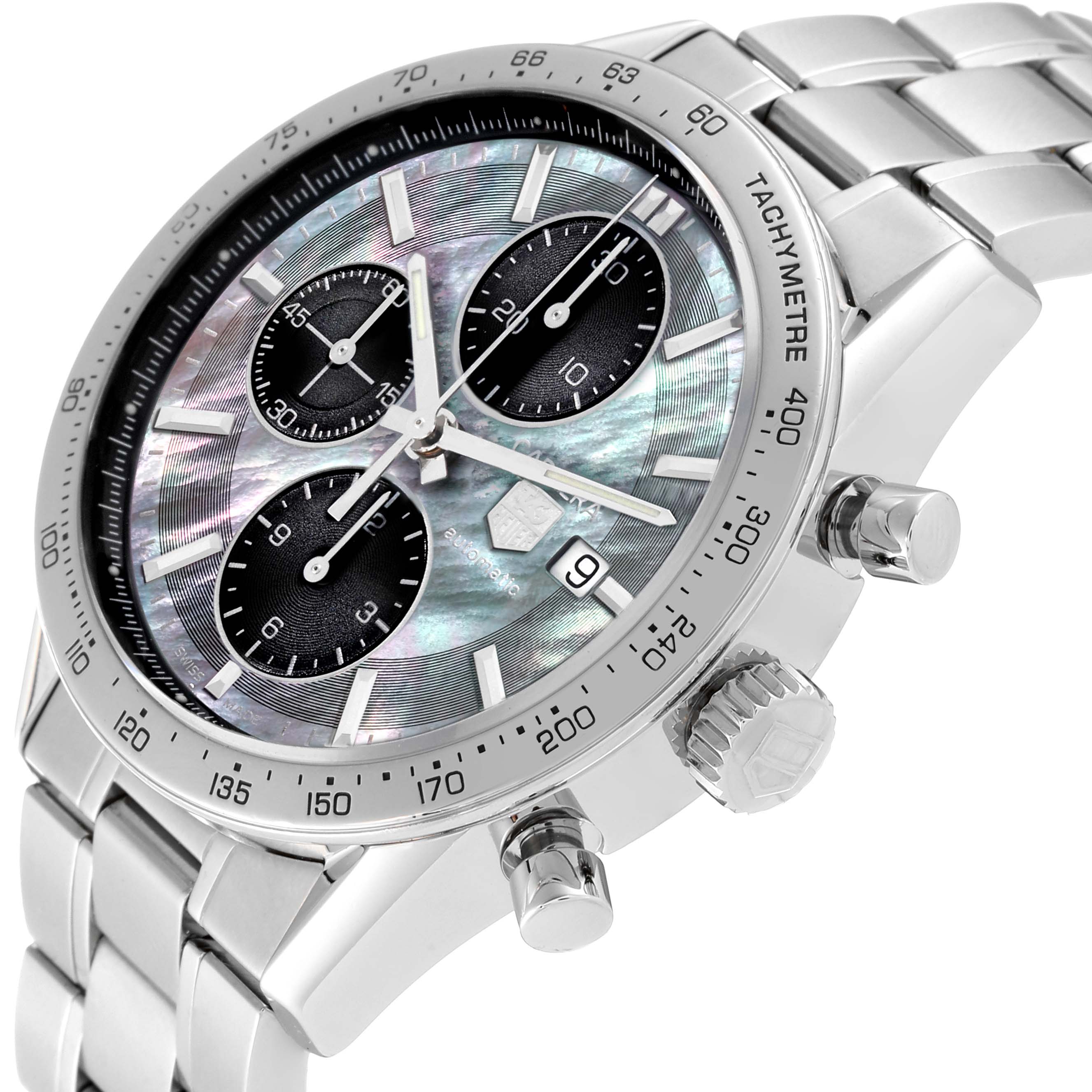This image shows a Tag Heuer Carrera CV201P Men's Stainless Steel Mother of Pearl Dial CV201P Men's Stainless Steel Mother of Pearl Dial watch at a three-quarter angle, highlighting its face, bezel, crown, and bracelet.