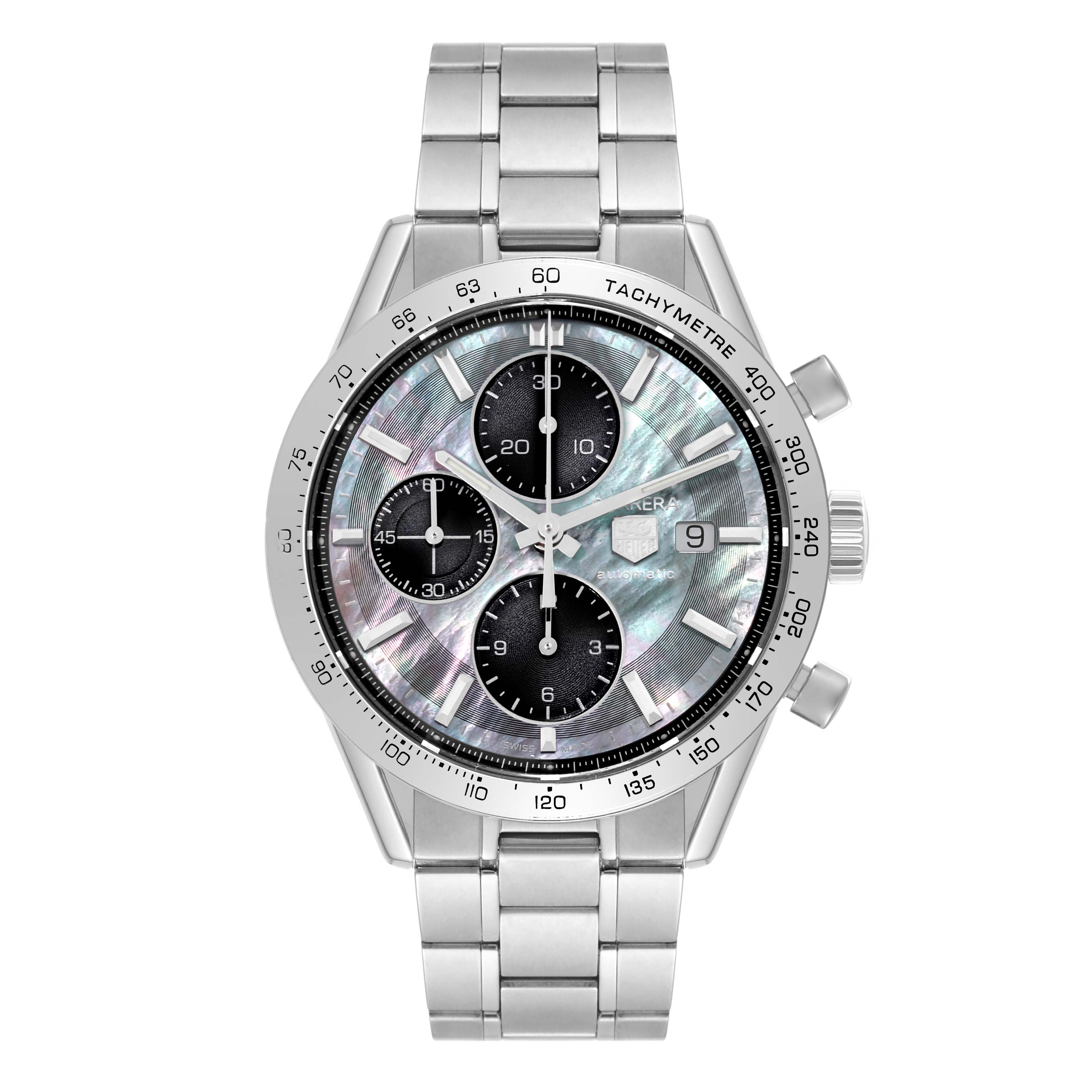 This image shows a frontal view of the Tag Heuer Carrera CV201P Men's Stainless Steel Mother of Pearl Dial CV201P Men's Stainless Steel Mother of Pearl Dial watch, displaying the dial, subdials, tachymeter bezel, and metal bracelet.