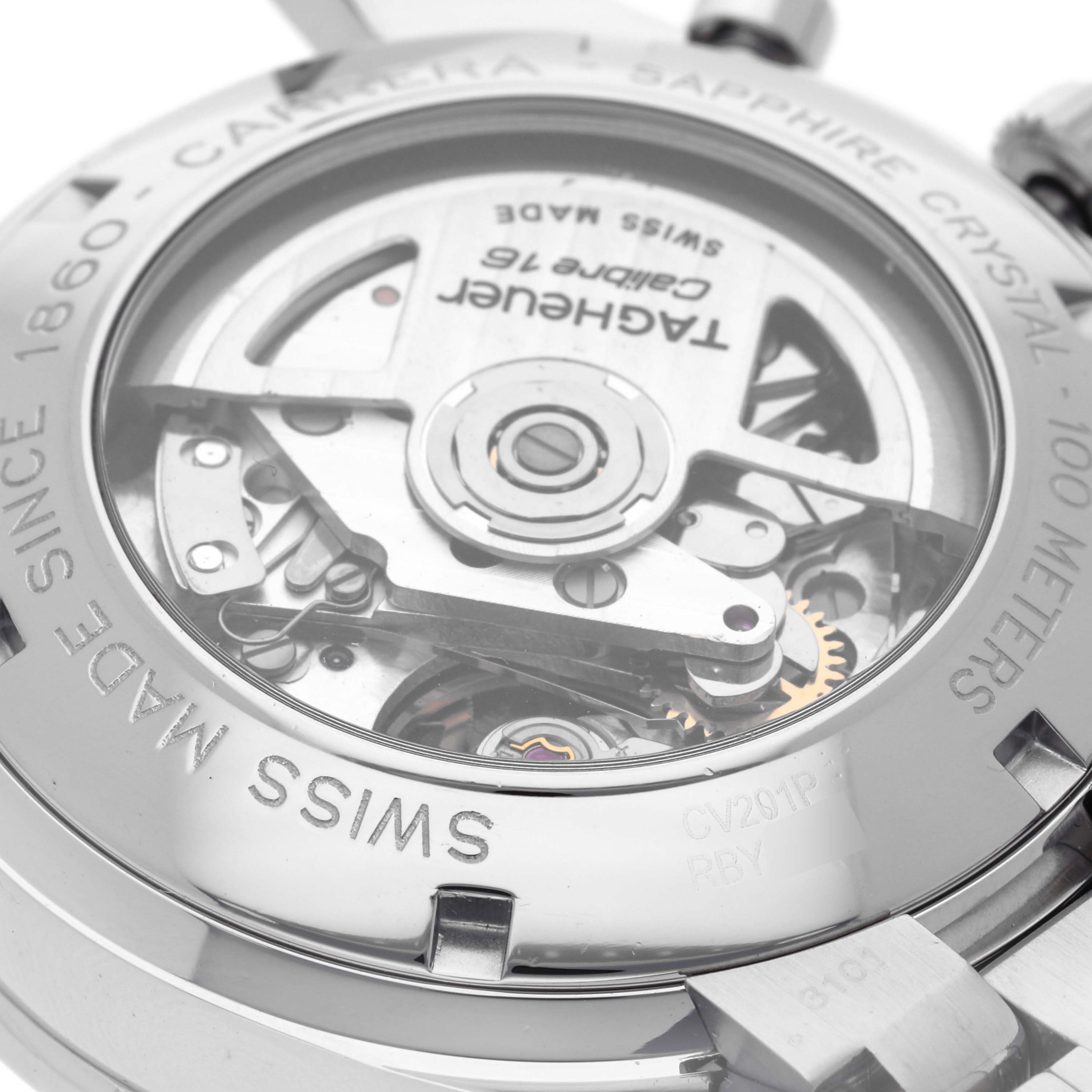 The image shows the back view of a Tag Heuer Carrera CV201P Men's Stainless Steel Mother of Pearl Dial CV201P Men's Stainless Steel Mother of Pearl Dial watch, highlighting the movement mechanism and case back details.