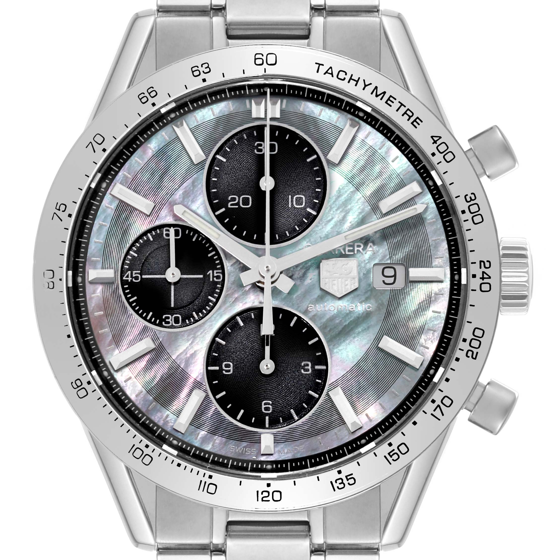 The image shows a frontal view of a Tag Heuer Carrera CV201P Men's Stainless Steel Mother of Pearl Dial CV201P Men's Stainless Steel Mother of Pearl Dial watch, highlighting its dial, chronograph sub-dials, and bezel.