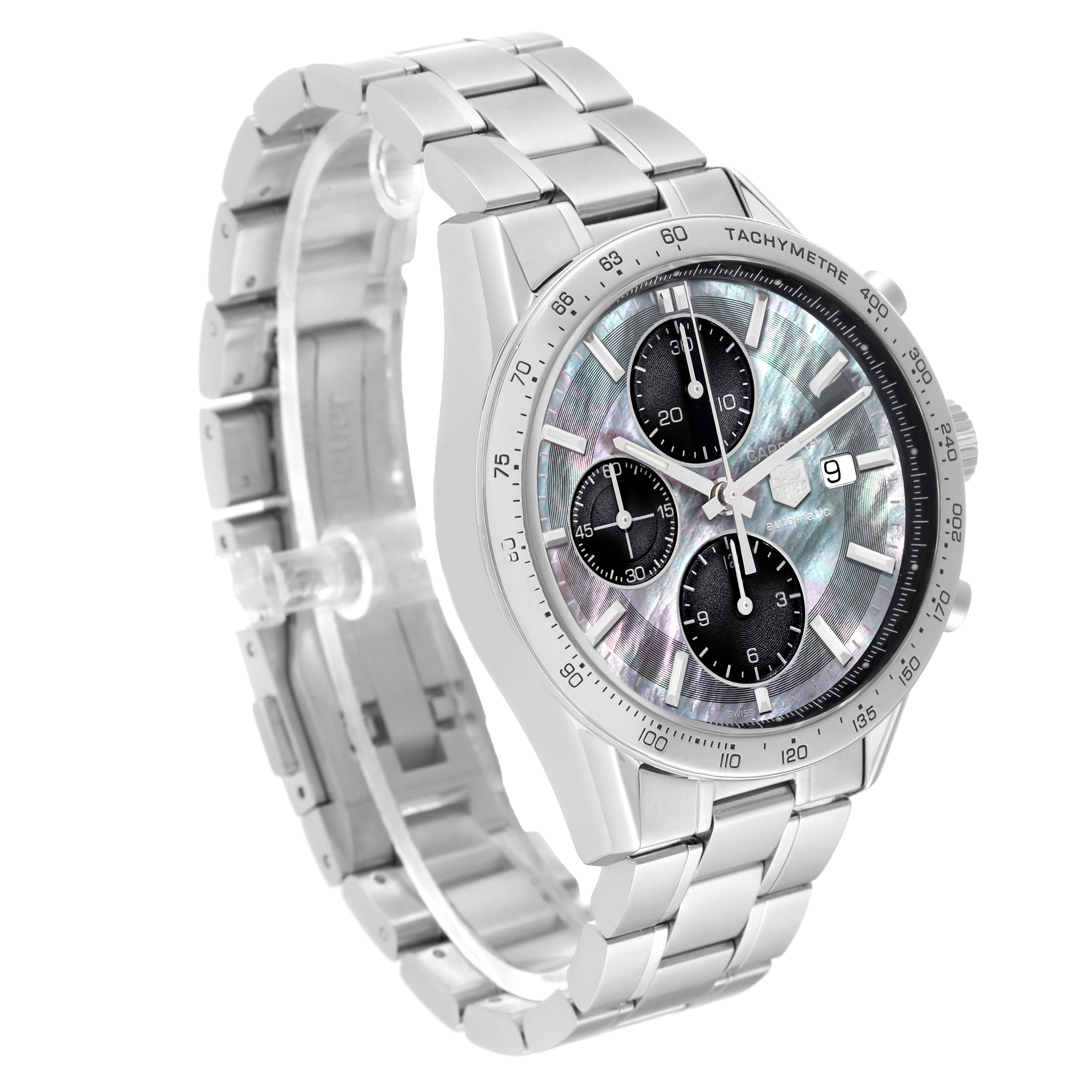 This image shows a Tag Heuer Carrera CV201P Men's Stainless Steel Mother of Pearl Dial CV201P Men's Stainless Steel Mother of Pearl Dial watch at a three-quarter angle, highlighting its silver bracelet and chronograph dial.