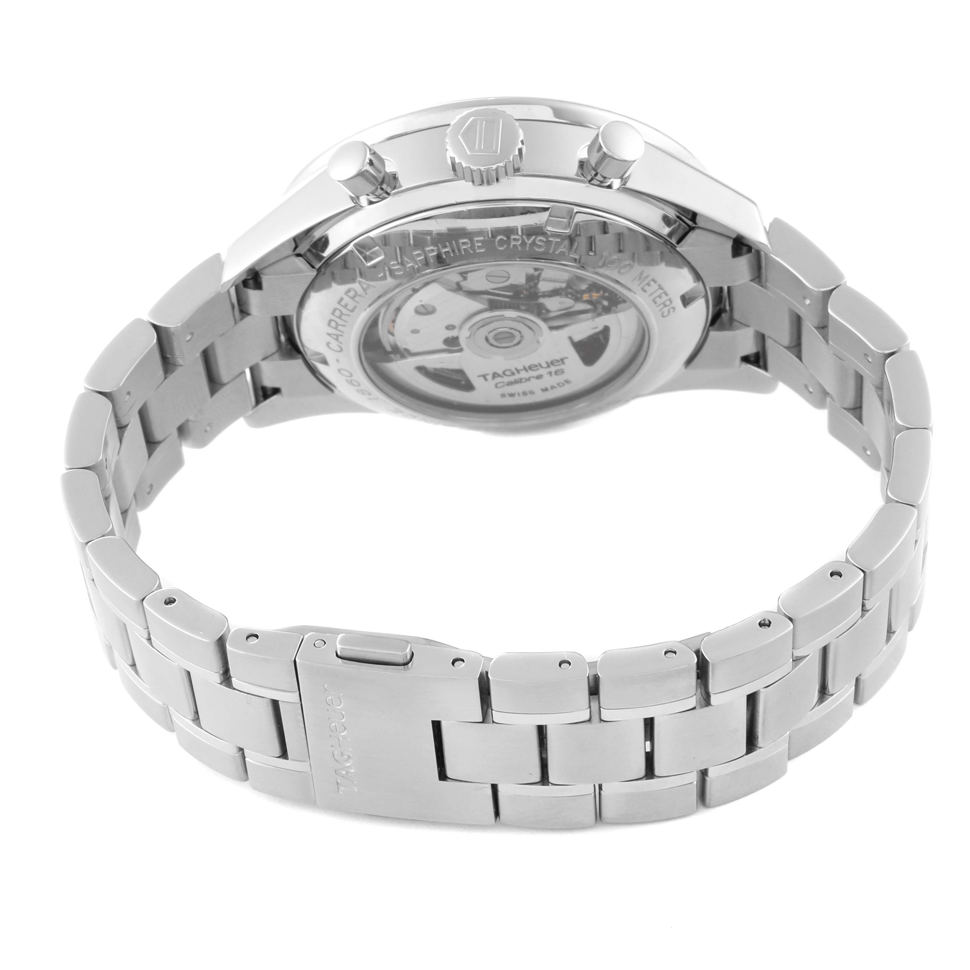 The image shows the back case and metallic bracelet of the Tag Heuer Carrera CV201P Men's Stainless Steel Mother of Pearl Dial CV201P Men's Stainless Steel Mother of Pearl Dial watch from a rear angle.