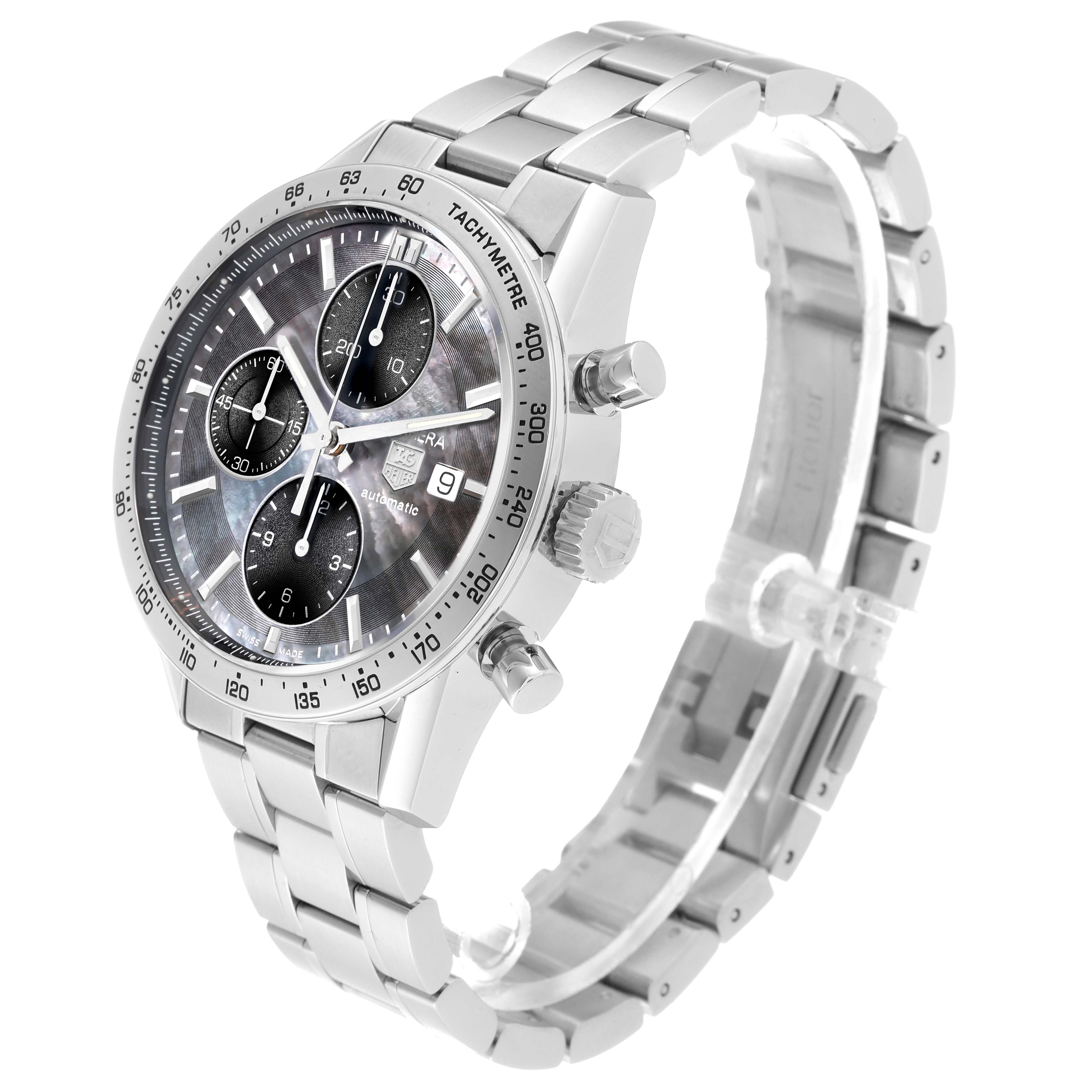 This image of a Tag Heuer Carrera CV201P Men's Stainless Steel Mother of Pearl Dial CV201P Men's Stainless Steel Mother of Pearl Dial watch shows the front, right side, and part of the bracelet from an angled view.