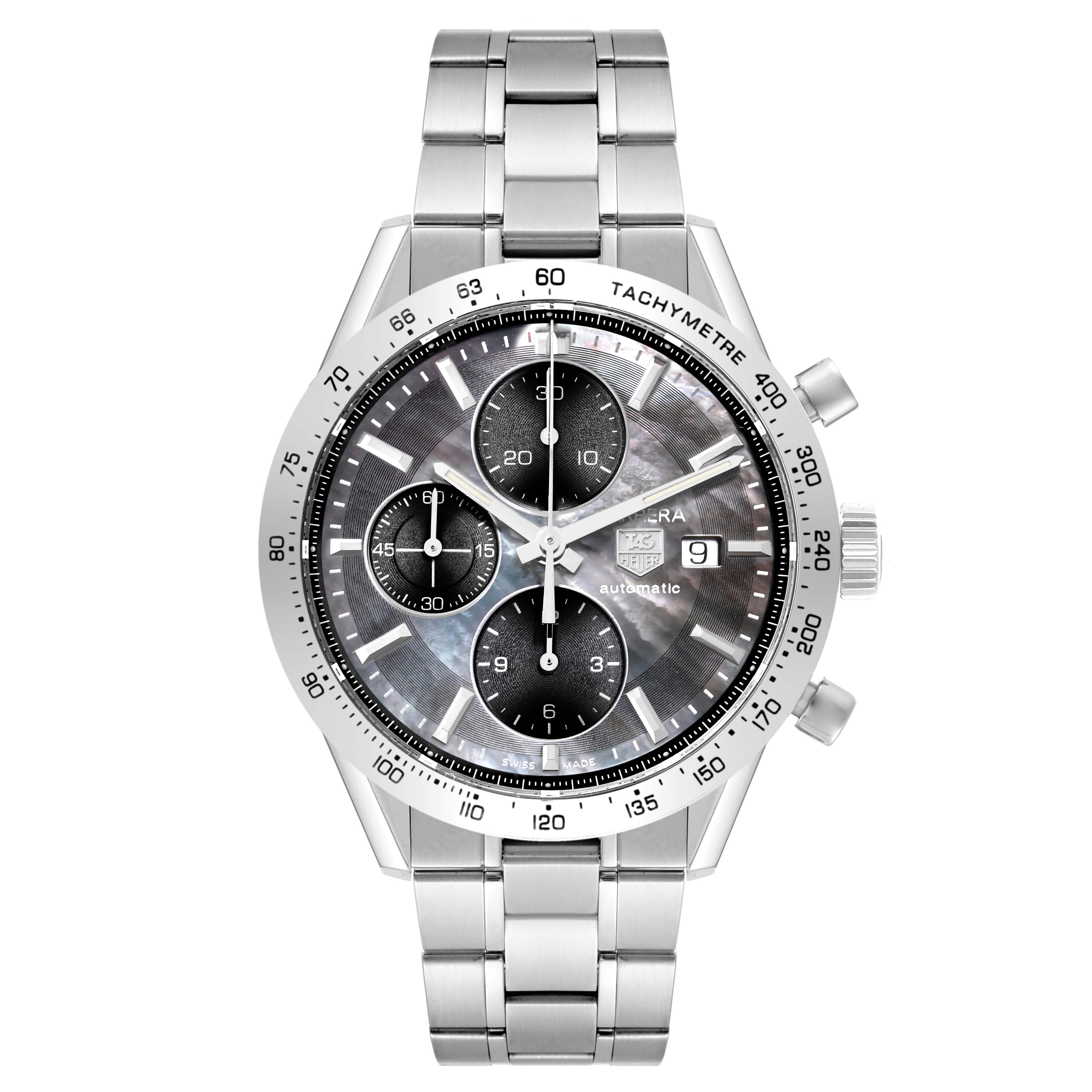 The Tag Heuer Carrera CV201P Men's Stainless Steel Mother of Pearl Dial CV201P Men's Stainless Steel Mother of Pearl Dial watch is shown from a front angle, highlighting its dial, chronograph, tachymeter bezel, and stainless steel bracelet.