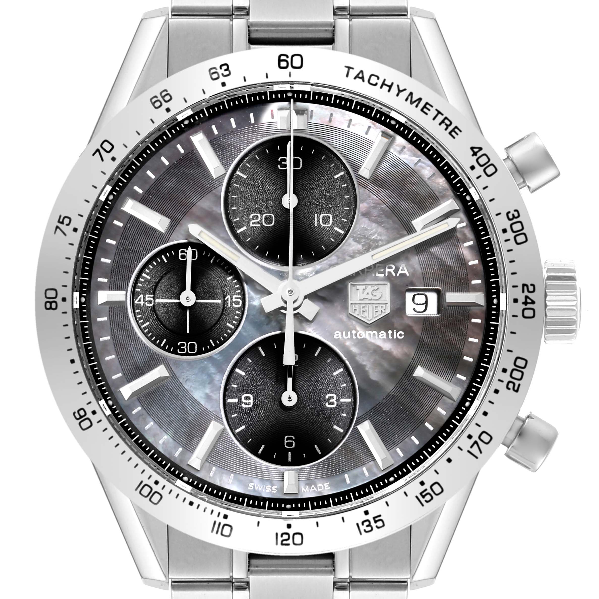 The image shows a frontal view of the Carrera model by Tag Heuer, highlighting its face, dials, tachymetre bezel, and stainless steel bracelet.