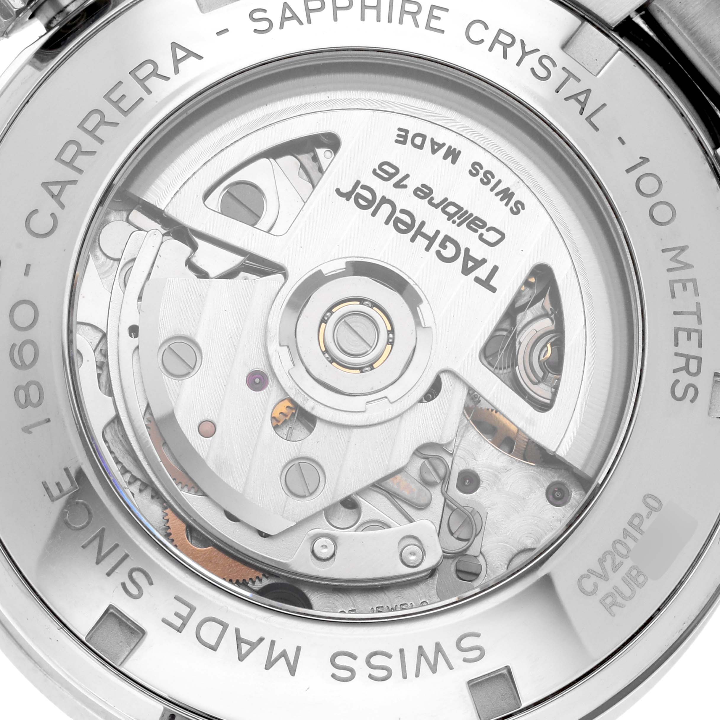 The image shows the back view of a Tag Heuer Carrera CV201P Men's Stainless Steel Mother of Pearl Dial CV201P Men's Stainless Steel Mother of Pearl Dial watch, highlighting its internal mechanism and sapphire crystal casing.