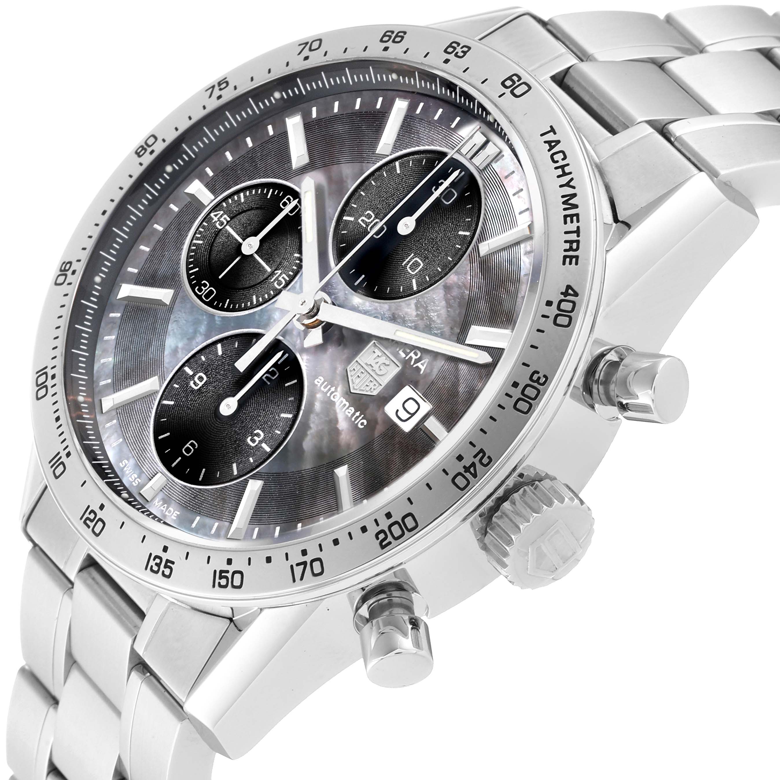 The image shows a side angle of the Tag Heuer Carrera CV201P Men's Stainless Steel Mother of Pearl Dial CV201P Men's Stainless Steel Mother of Pearl Dial watch, highlighting the dial, chronograph subdials, and metal bracelet.