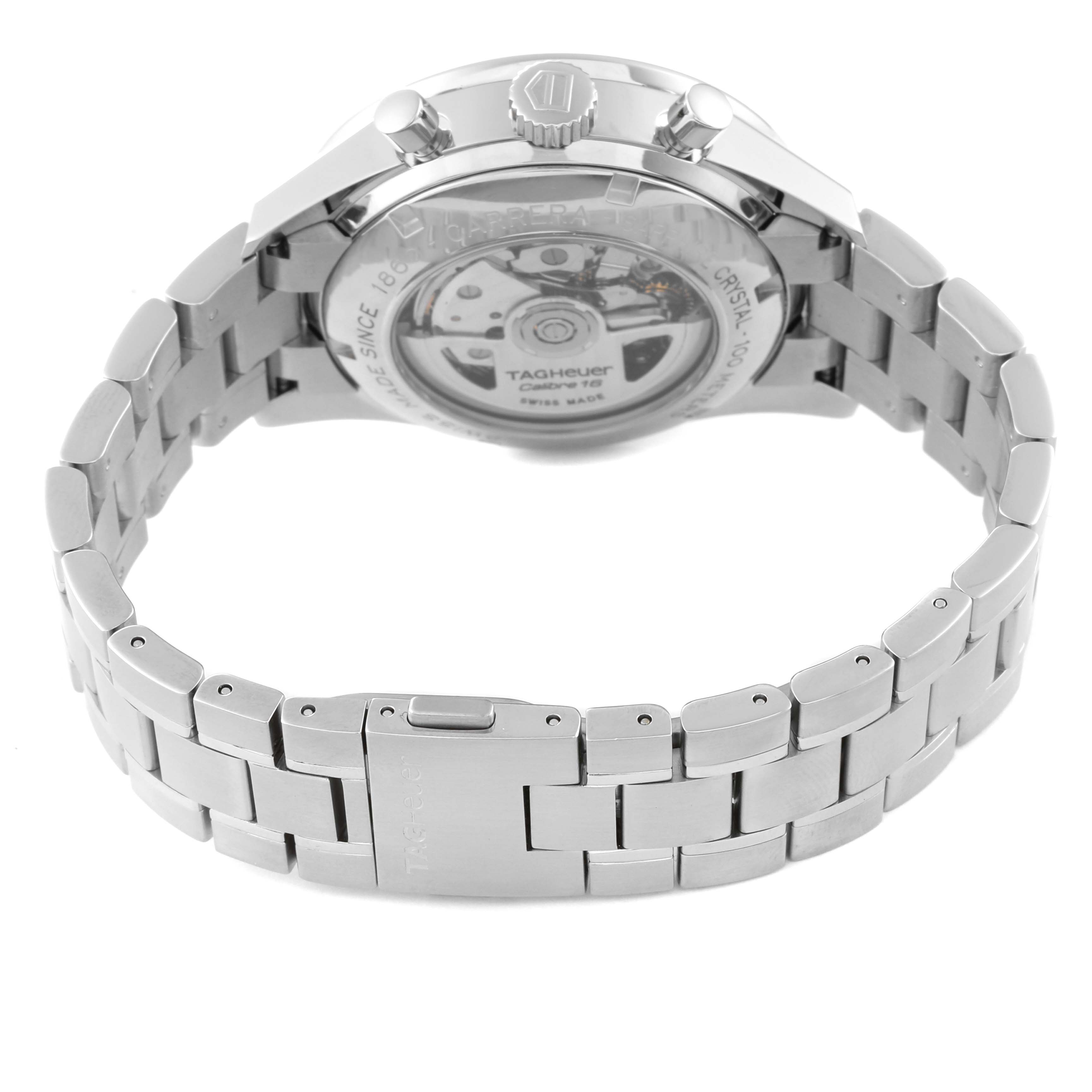 This image shows the back and bracelet of a Tag Heuer Carrera CV201P Men's Stainless Steel Mother of Pearl Dial CV201P Men's Stainless Steel Mother of Pearl Dial watch, highlighting the case back and clasp.