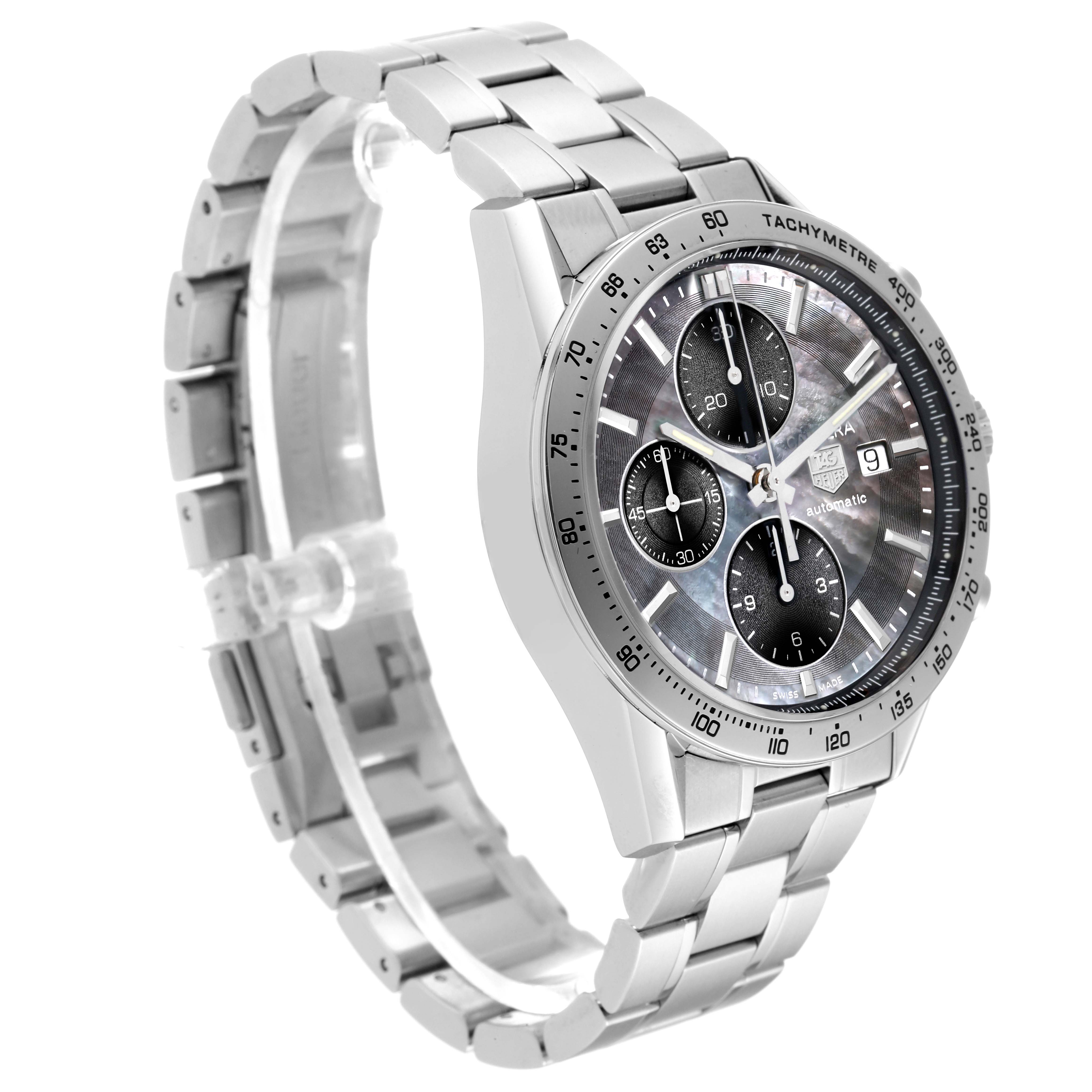 This image shows the front and stainless steel band of a Tag Heuer Carrera CV201P Men's Stainless Steel Mother of Pearl Dial CV201P Men's Stainless Steel Mother of Pearl Dial watch at a three-quarter angle.